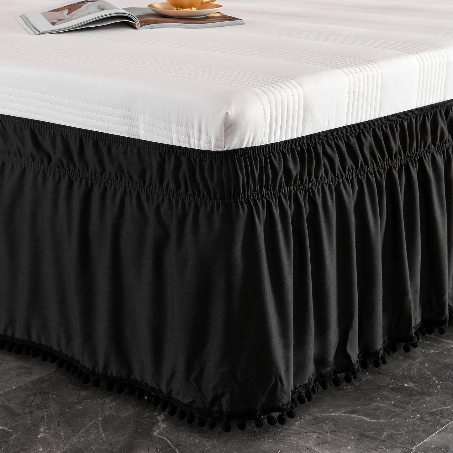 Exclusivo Mezcla Pom Pom Bed Skirt with Adjustable Elastic Belt, Easy Wrap Around Dust Ruffles with 16 Inch Tailored Drop, Wrinkle and Fade Resistant, (Full, Black)