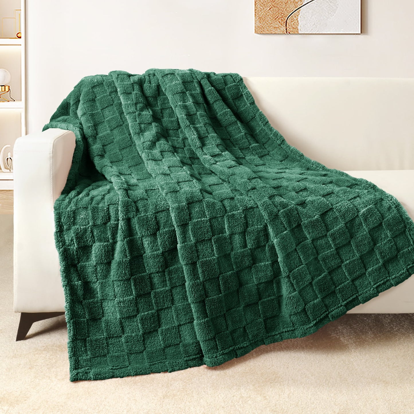 Exclusivo Mezcla Fleece Throw Blanket for Couch, Super Soft 3D Checkered Jacquard Bed Blanket, Cozy Fluffy Lightweight Blanket for All Seasons, 50x60 Inches, Forest Green Blanket