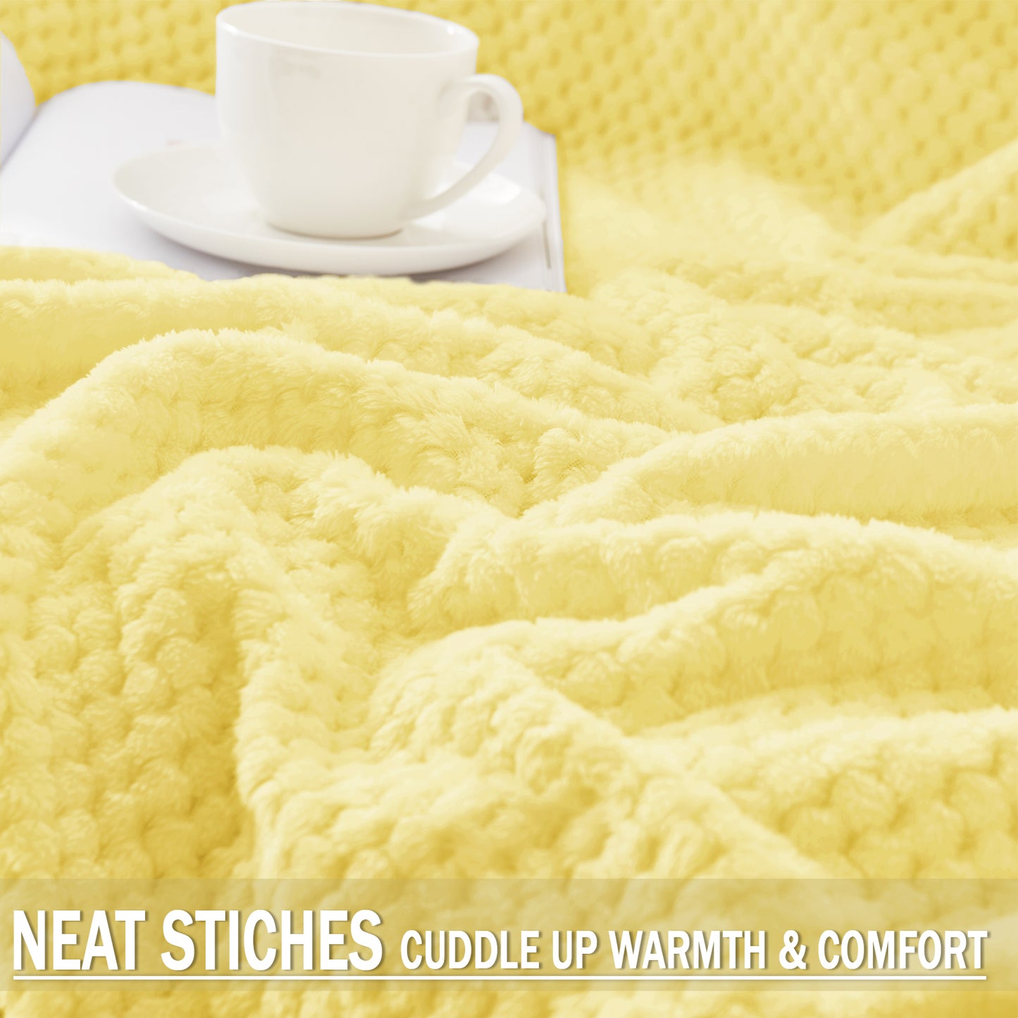 Exclusivo Mezcla Waffle Textured Extra Large Fleece Blanket, Super Soft and Warm Throw Blanket for Couch, Sofa and Bed (Light Yellow, 50x70 inches)-Cozy, Fuzzy and Lightweight
