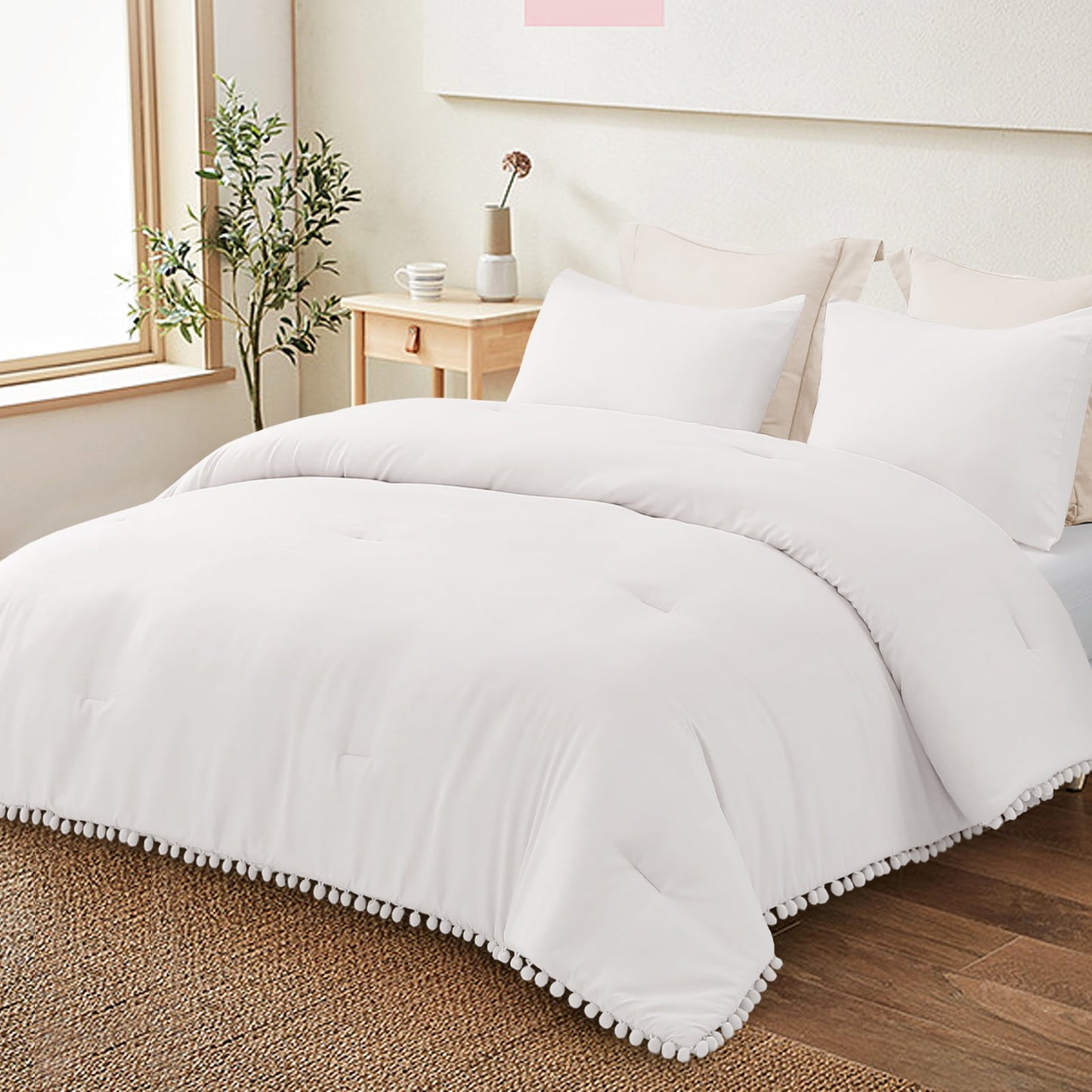 Exclusivo Mezcla Boho Pom Pom Ball Fringe Twin Comforter Set, 2 Piece White Lightweight Down Alternative Bedding Comforter Sets for All Seasons (1 Comforter and 1 Pillowcase)