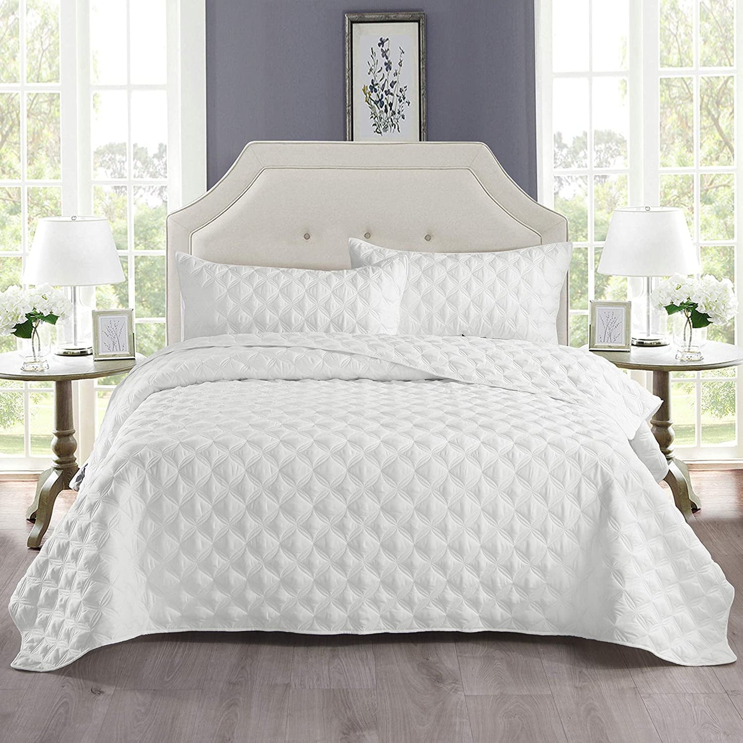 Exclusivo Mezcla Bed Quilt Set Queen Size for All Seasons, Stitched Pattern Quilted Bedspread/ Bedding Set/ Coverlet with 2 Pillow shams, Lightweight and Soft, White