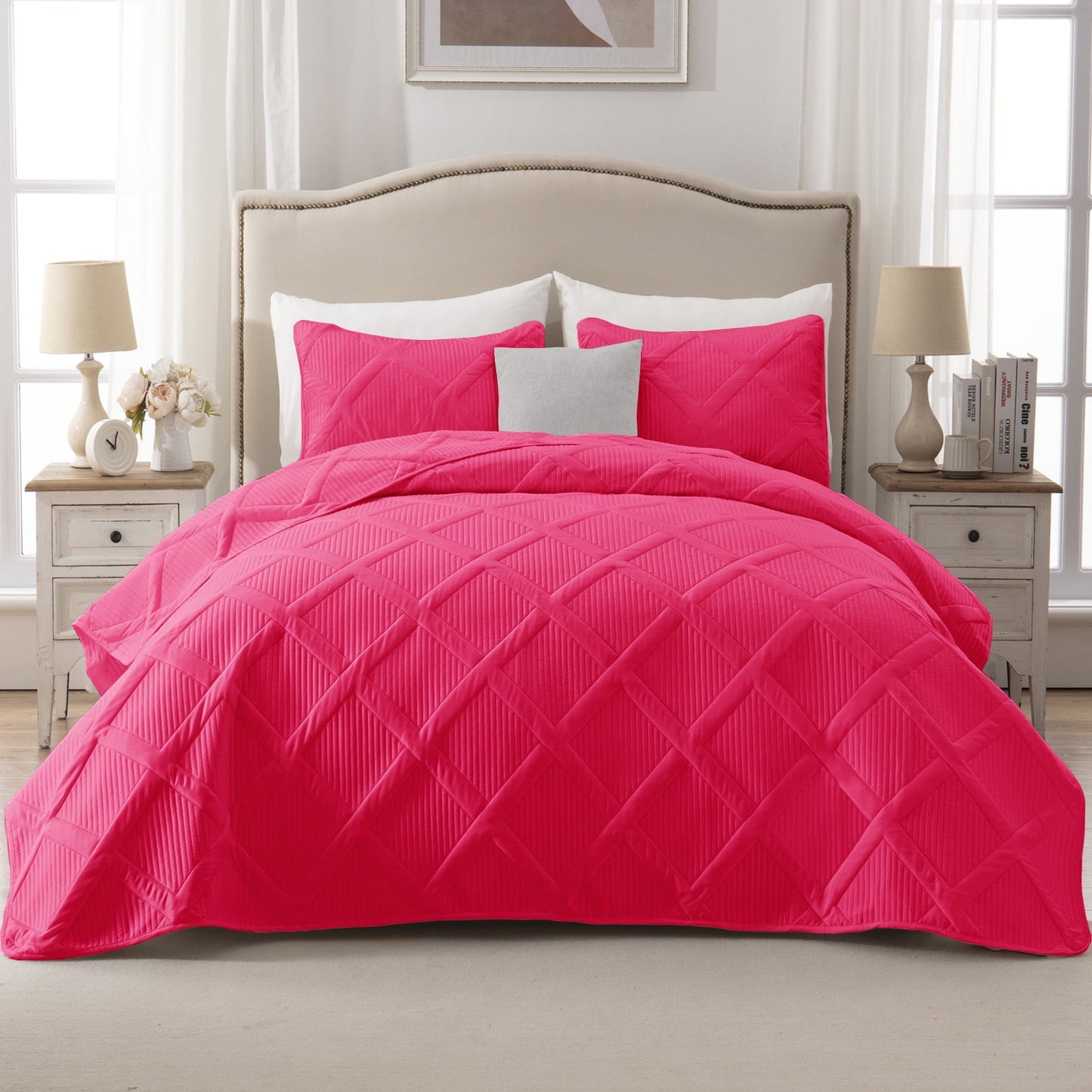 Exclusivo Mezcla Ultrasonic California King Quilt Set, Lightweight Bedspreads Modern Striped Coverlet with 2 Pillow Shams, Hot Pink