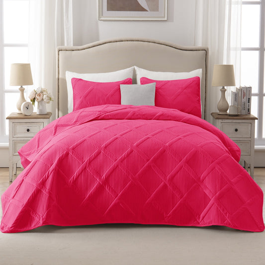 Exclusivo Mezcla Ultrasonic Twin/ Twin XL Quilt Set, Lightweight Bedspreads Modern Striped Coverlet with 1 Pillow Sham, Hot Pink