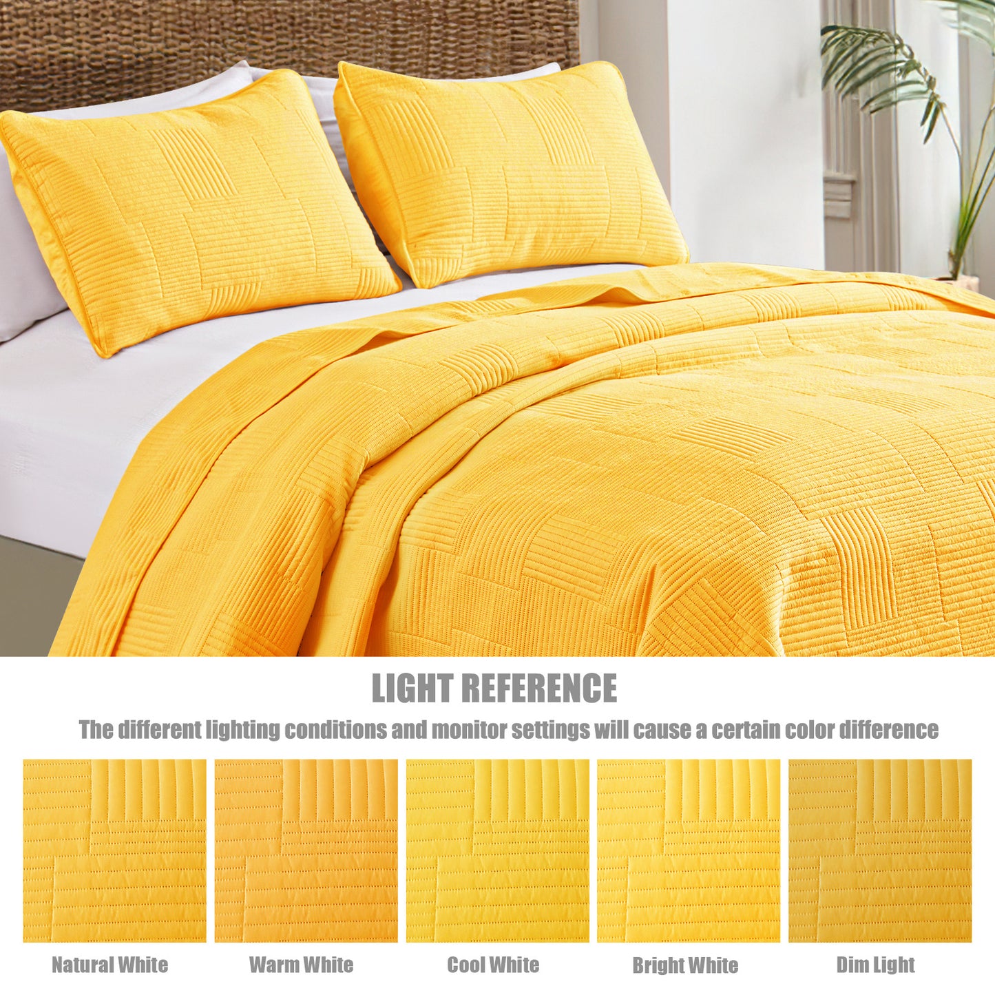Exclusivo Mezcla King Quilt Set, Soft and Lightweight Bedspreads Coverlet with Striped Pattern, Bedding Sets with 2 Pillow Shams, Reversible Bed Cover for All Seasons, 96x104 Inches，Yellow Grid