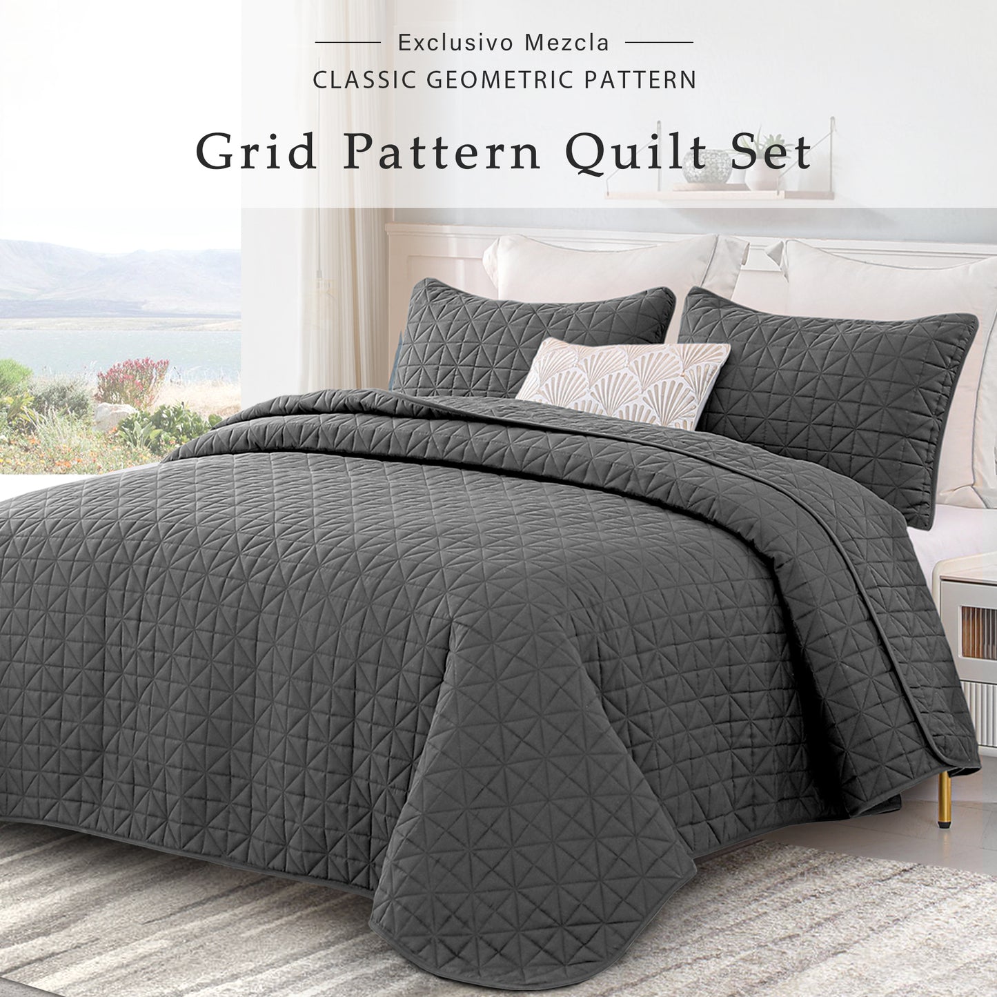Exclusivo Mezcla Queen Quilt Bedding Set for All Seasons, Lightweight Soft Grey Quilts Queen Size Bedspreads Coverlets Bed Cover with Geometric Stitched Pattern, (1 Quilt, 2 Pillow Shams)