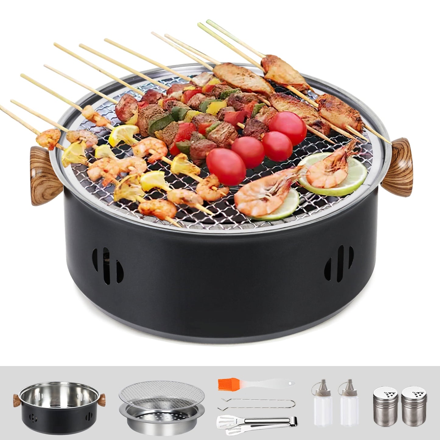 Exclusivo Mezcla 12.5-Inch Charcoal BBQ Grill, Portable Small Camping Grill, Tabletop Korean Barbecue Grill for Home Party and Outdoor Backyard Cooking, Black