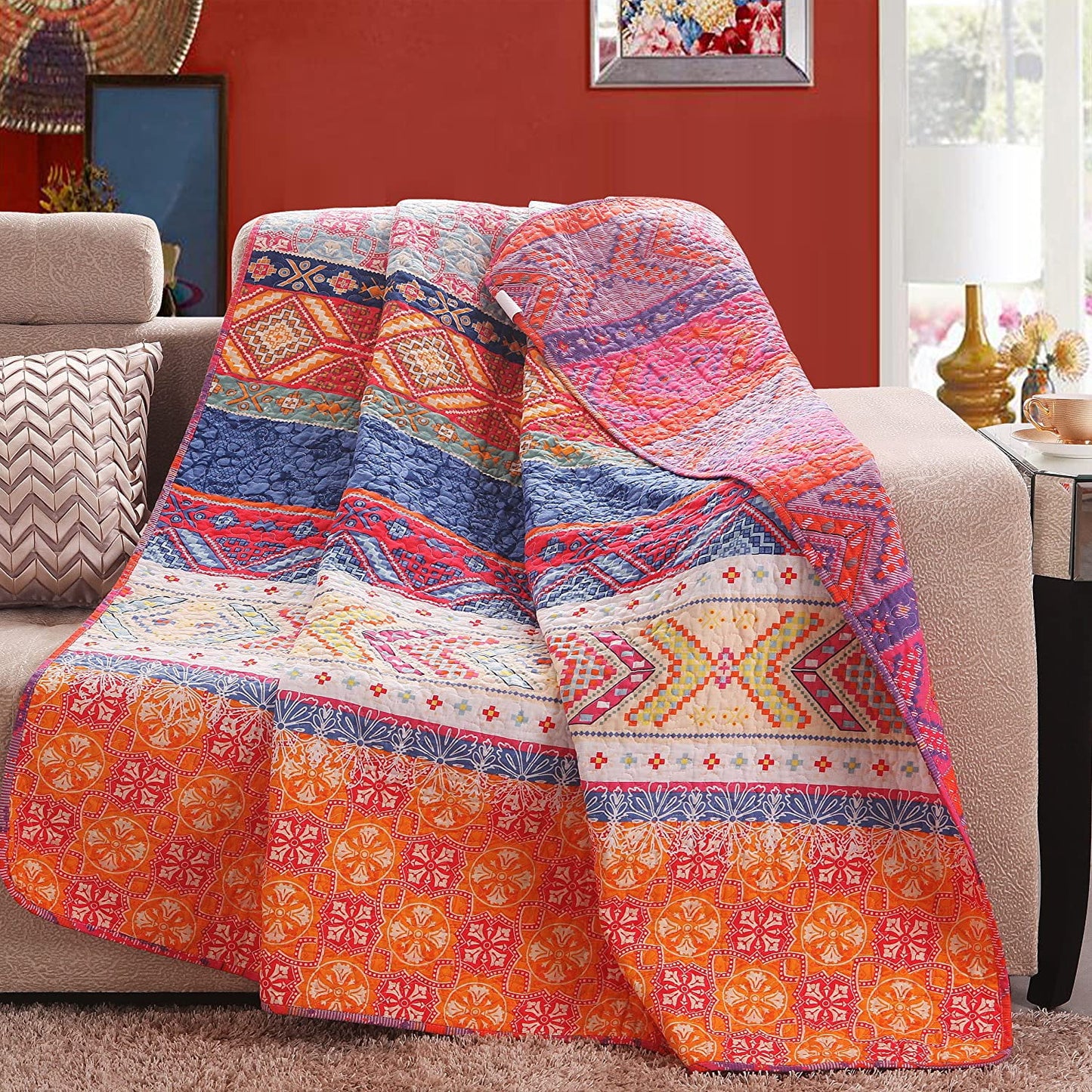 Exclusivo Mezcla Luxury Reversible 100% Cotton Multicolored Boho Stripe Quilted Throw Blanket 60" x 50" Machine Washable and Dryable