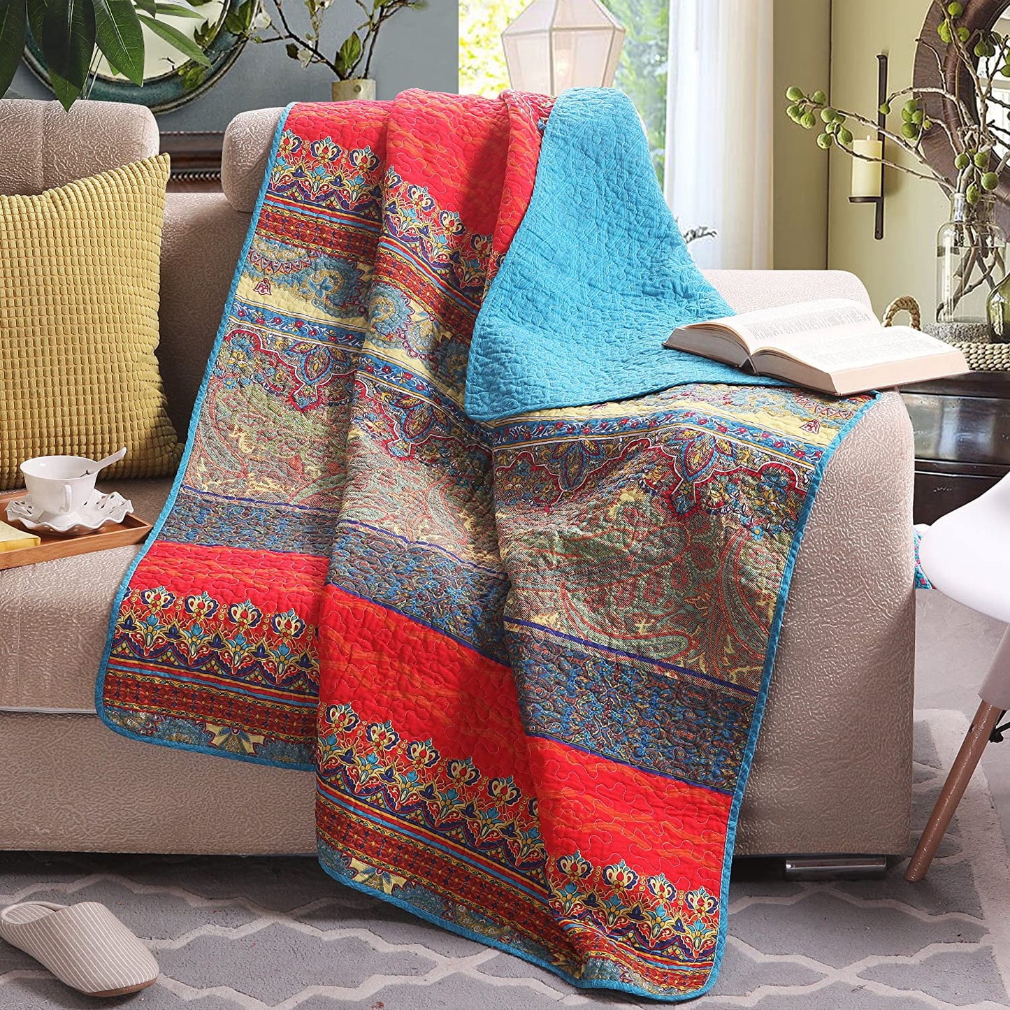 Exclusivo Mezcla Luxury Reversible 100% Cotton Paisley Boho Stripe Quilted Throw Blanket 60" x 50" Machine Washable and Dryable