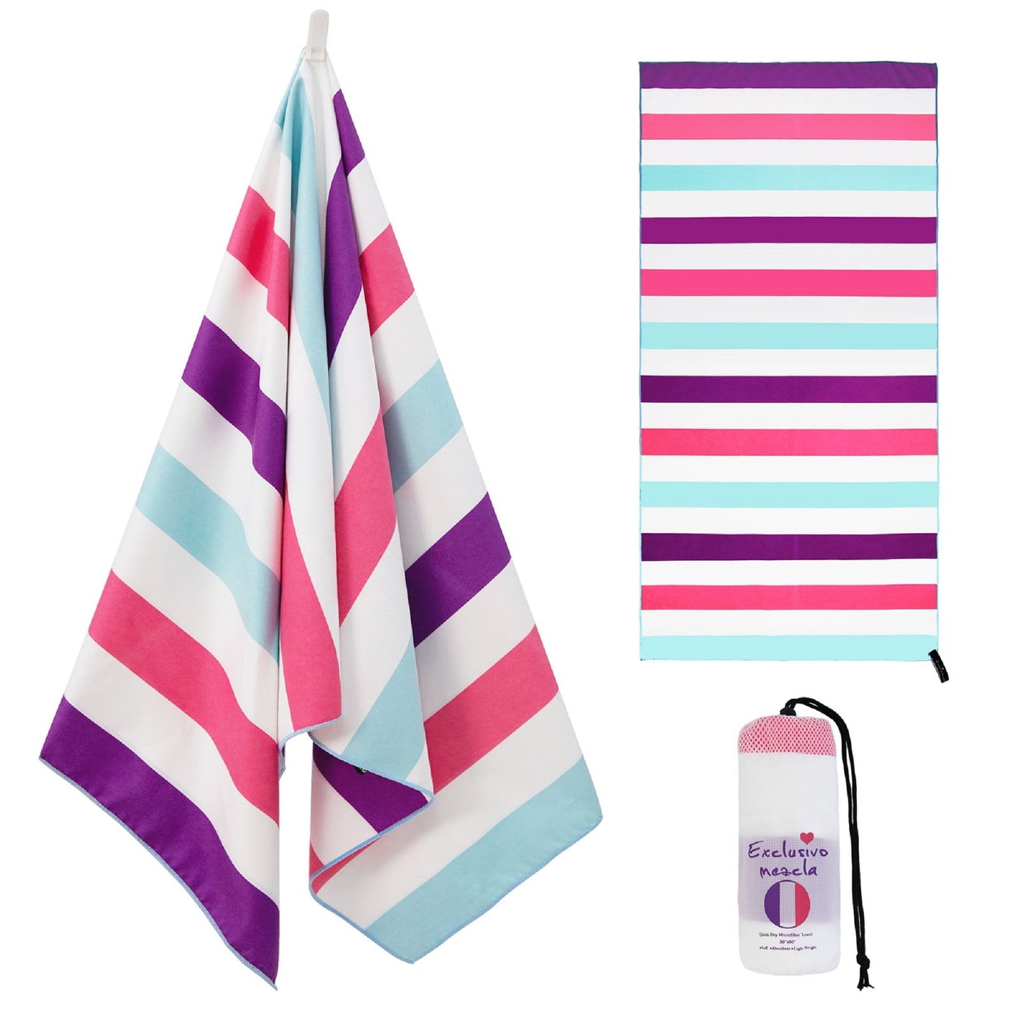 Exclusivo Mezcla Microfiber Quick Dry Beach Towel, Large Sand Free Beach Towel for Travel/ Camping/ Sports (Striped Pink, 30"X60") - Super Absorbent, Compact and Lightweight