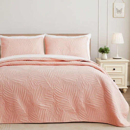 Exclusivo Mezcla Ultrasonic Twin Size Quilt Set Blush Pink, 2 Pieces Lightweight Bedspread Leaf Pattern Bed Cover Soft Microfiber Coverlet Bedding Set for All Seasons