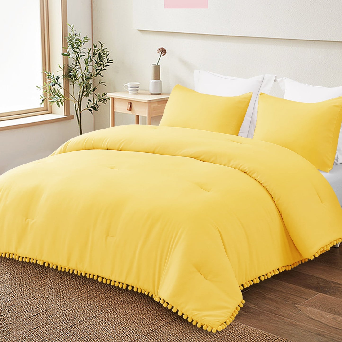 Exclusivo Mezcla Boho Pom Pom Ball Fringe King Size Comforter Set, 3 Piece Vibrant Yellow Lightweight Down Alternative Bedding Comforter Sets for All Seasons (1 Comforter and 2 Pillowcases)