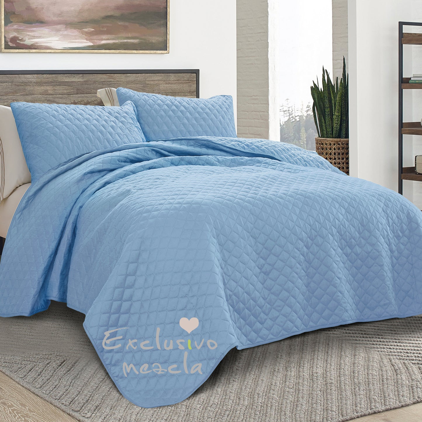 Exclusivo Mezcla Ultrasonic Reversible Twin Quilt Bedding Set with Pillow Sham, Lightweight Quilts Twin Size, Soft Bedspreads Bed Coverlets for All Seasons - (Sky Blue, 68"x88")