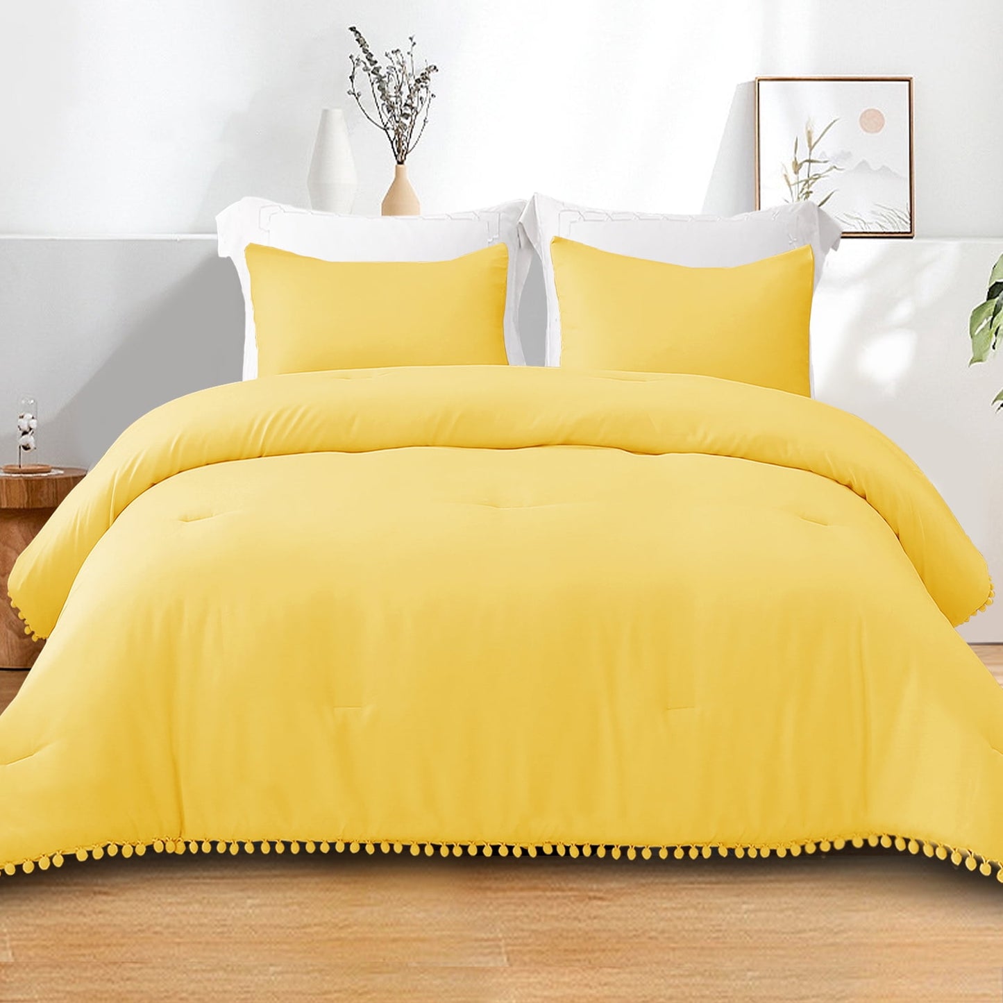 Exclusivo Mezcla Boho Pom Pom Ball Fringe King Size Comforter Set, 3 Piece Vibrant Yellow Lightweight Down Alternative Bedding Comforter Sets for All Seasons (1 Comforter and 2 Pillowcases)