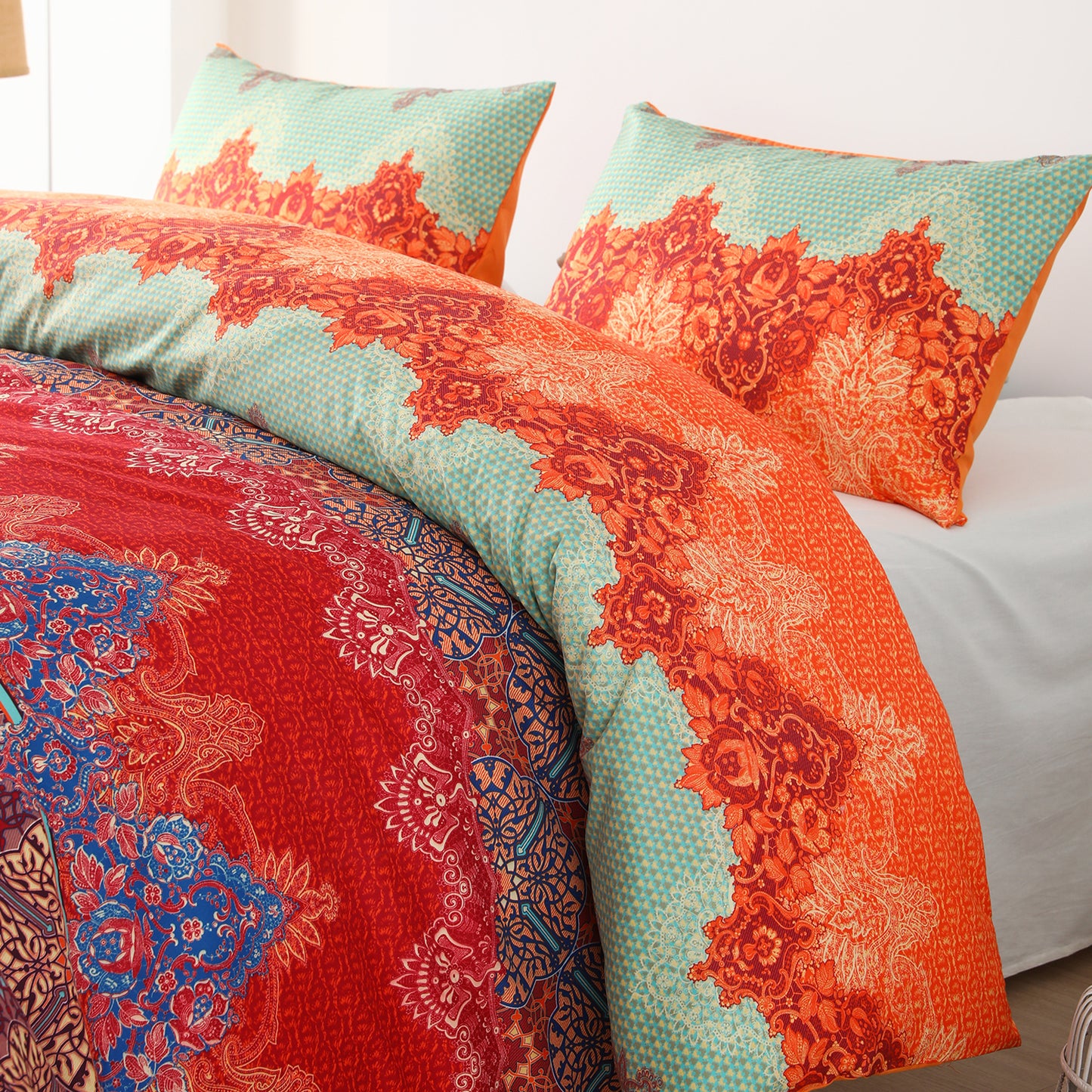 Exclusivo Mezcla Boho Bedding Duvet Cover Set, 3 Pieces Lightweight Comforter Cover with Pillow Shams (Twin Size，Orange and Blue)