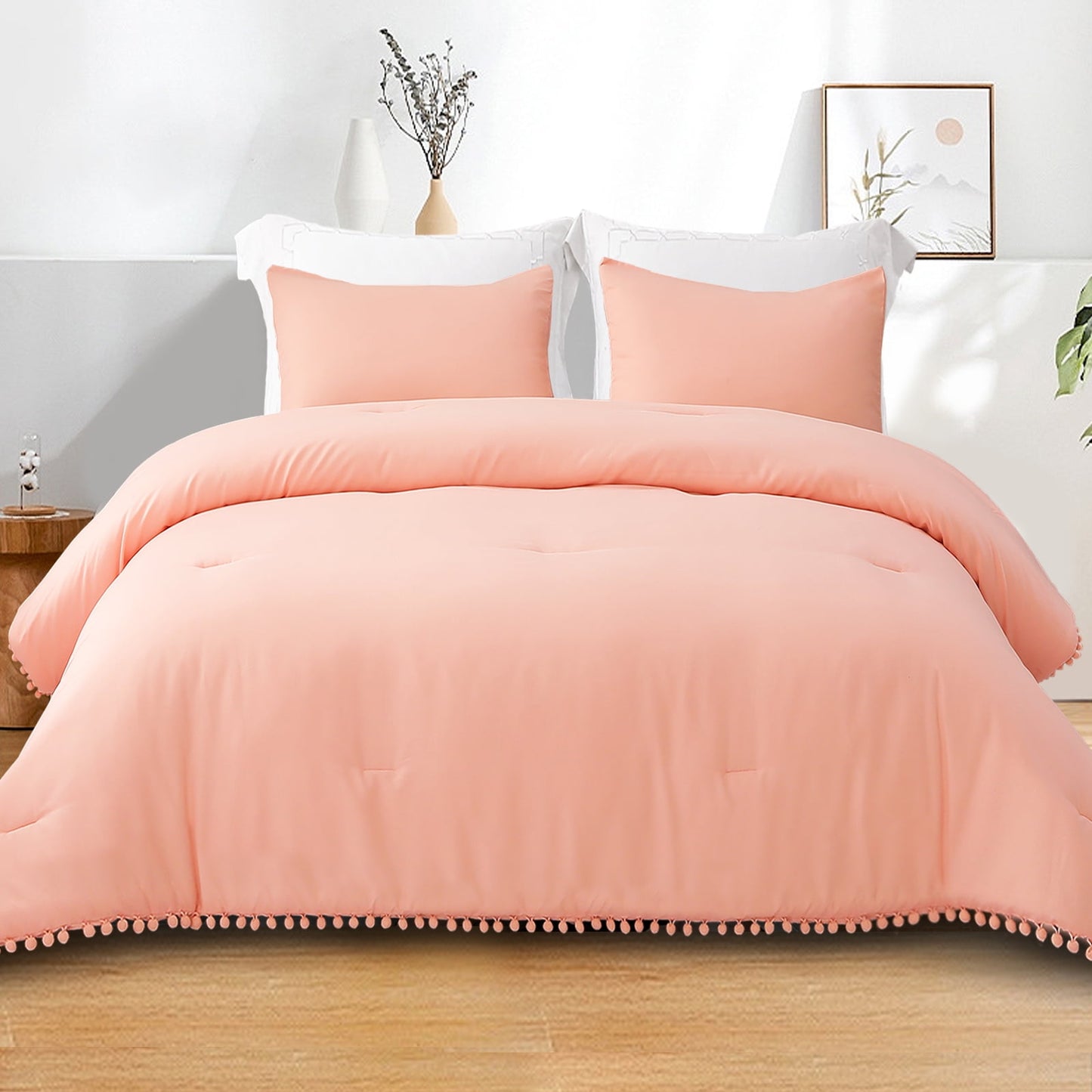 Exclusivo Mezcla Boho Pom Pom Ball Fringe King Size Comforter Set, 3 Piece Bright Pink Lightweight Down Alternative Bedding Comforter Sets for All Seasons (1 Comforter and 2 Pillowcases)
