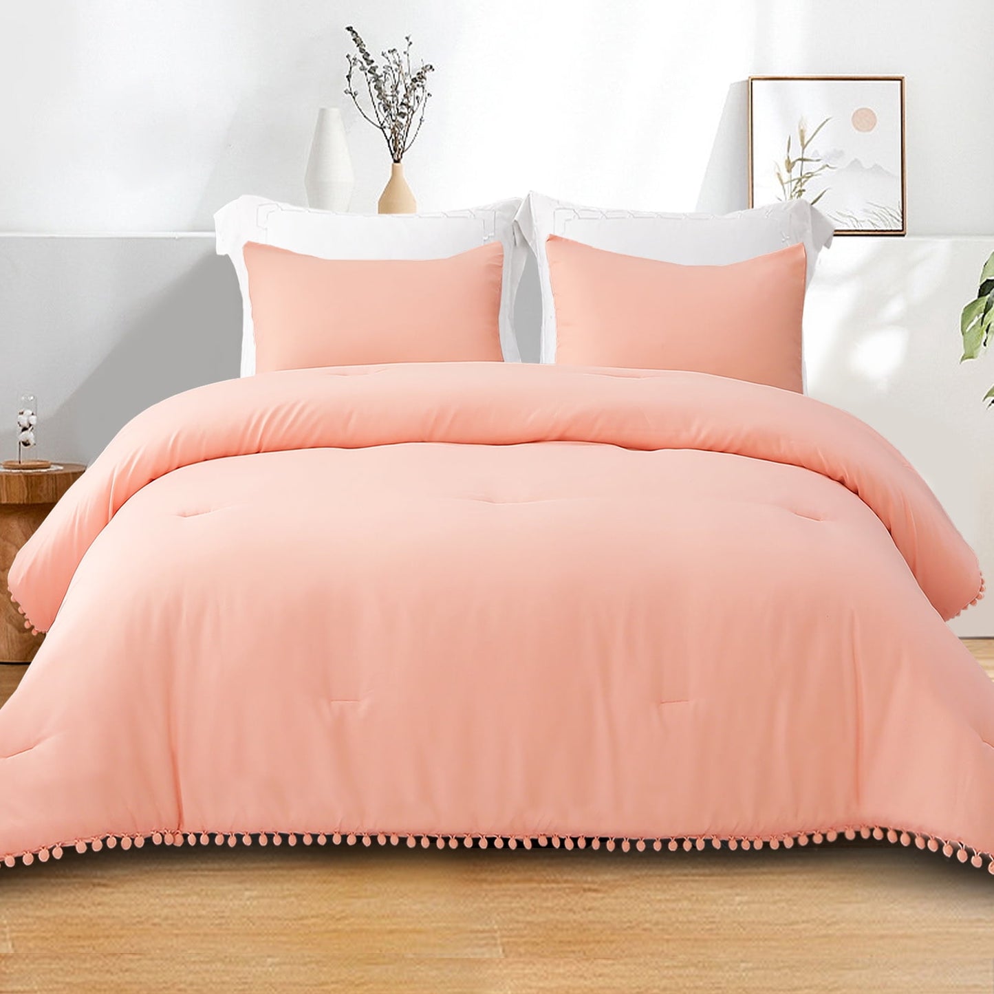 Exclusivo Mezcla Boho Pom Pom Ball Fringe Queen Comforter Set, 3 Piece Bright Pink Lightweight Down Alternative Bedding Comforter Sets for All Seasons (1 Comforter and 2 Pillowcases)