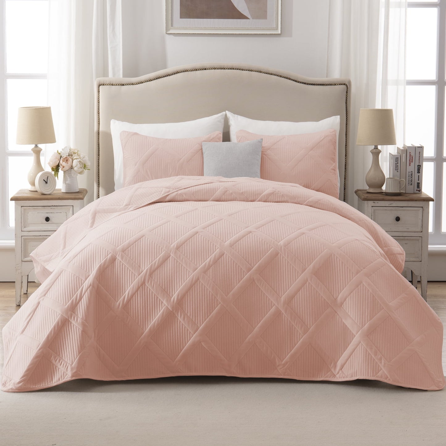 Exclusivo Mezcla Ultrasonic Twin/ Twin XL Quilt Set, Lightweight Bedspreads Modern Striped Coverlet with 1 Pillow Sham, Blush Pink