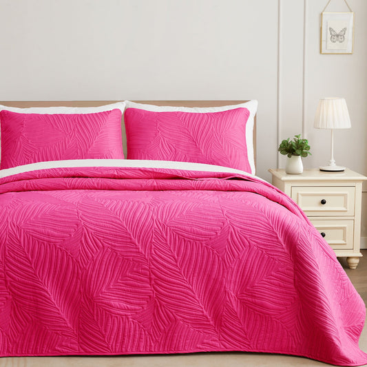 Exclusivo Mezcla Ultrasonic Twin Size Quilt Set Hot Pink, 2 Pieces Lightweight Bedspread Leaf Pattern Bed Cover Soft Microfiber Coverlet Bedding Set for All Seasons