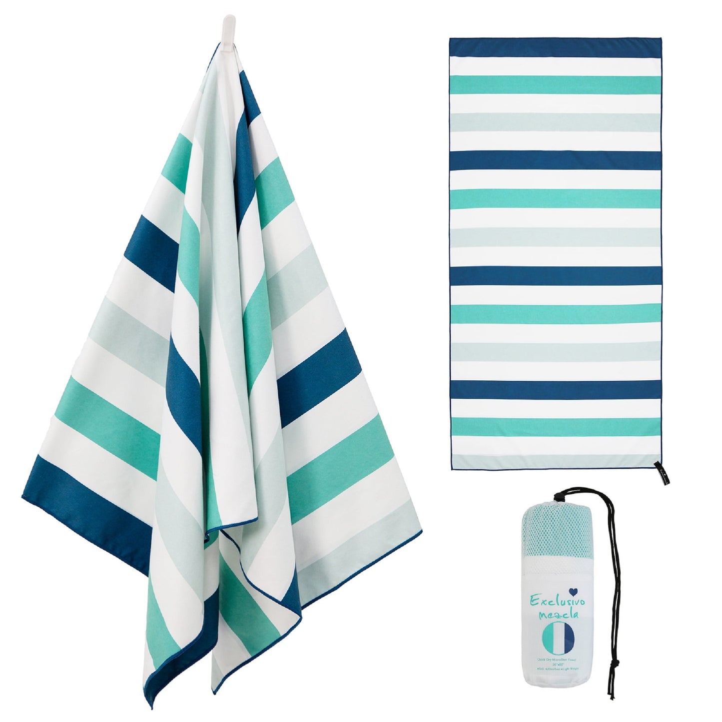 Exclusivo Mezcla Microfiber Quick Dry Beach Towel, Large Sand Free Beach Towel for Travel/ Camping/ Sports (Striped Green, 30"X60") - Super Absorbent, Compact and Lightweight
