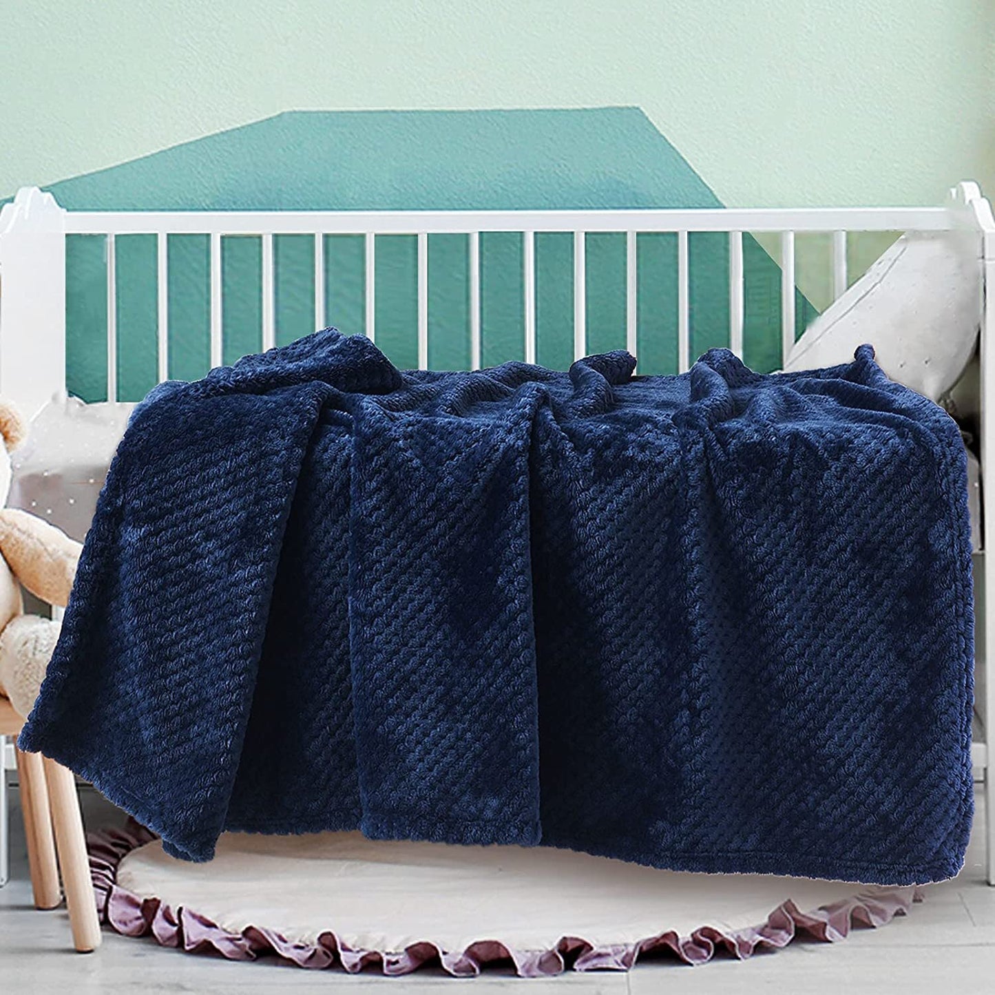 Exclusivo Mezcla Waffle Textured Fleece Baby Blanket, Soft and Warm Swaddle Blanket, Infant, Newborn, Toddler and Kids Receiving Blankets for Crib Stroller (Navy Blue, 40x50 inches)