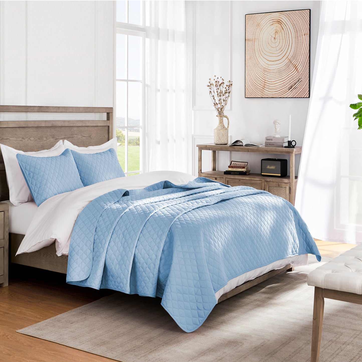 Exclusivo Mezcla Ultrasonic Reversible Twin Quilt Bedding Set with Pillow Sham, Lightweight Quilts Twin Size, Soft Bedspreads Bed Coverlets for All Seasons - (Sky Blue, 68"x88")