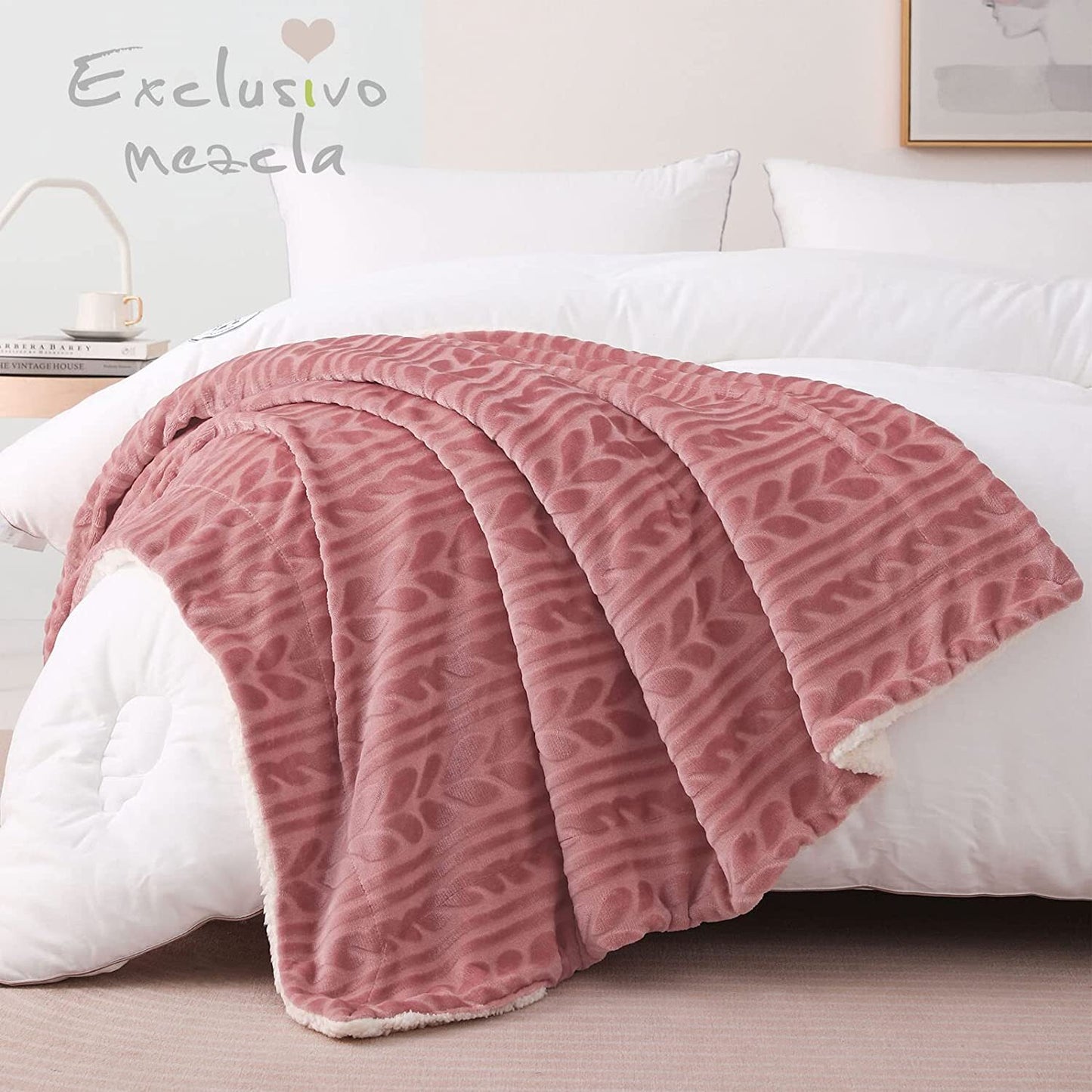 Exclusivo Mezcla 50"x70" Sherpa Fleece Throw Blanket, Reversible Velvet Plush Blankets and Soft Throws for Couch, Sofa, Bed, Super Cozy Thick and Warm, Dusty Pink