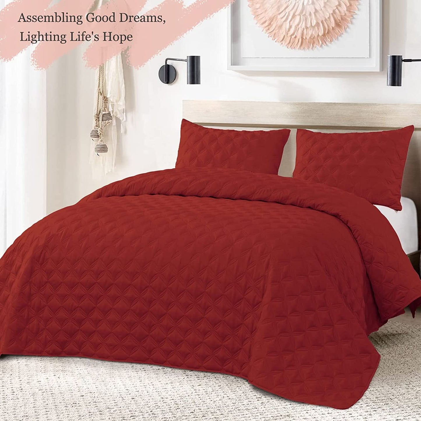 Exclusivo Mezcla Bed Quilt Set King Size for All Season, Stitched Pattern Quilted Bedspread/Bedding Set/Coverlet with 2 Pillow Shams, Lightweight and Soft, Red