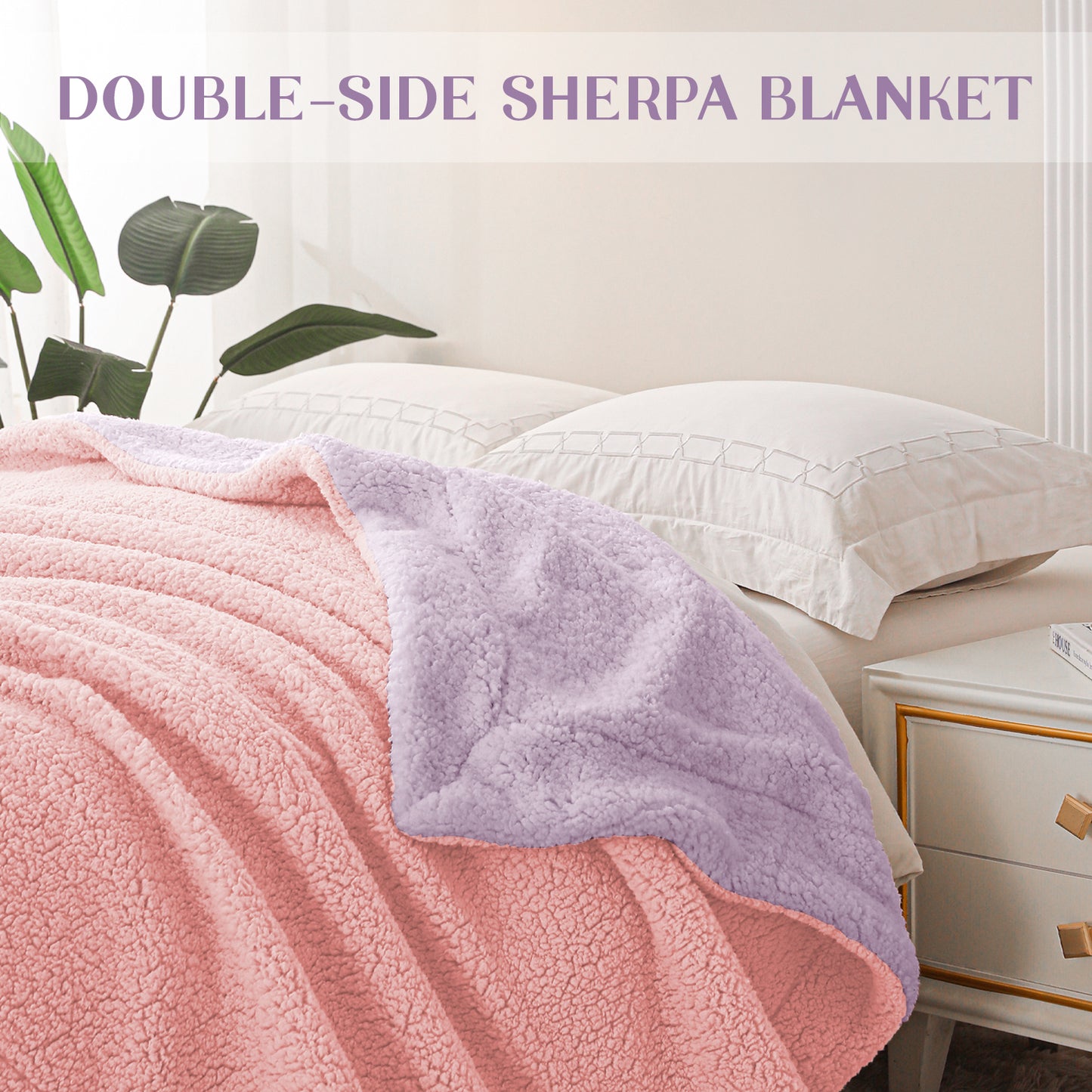 Exclusivo Mezcla Twin Size Reversible Sherpa Fleece Blanket, Soft Plush Blanket for Bed Sofa, Warm Fluffy Blankets for All Season, 60x80 Inches, Light Pink/ Light Purple