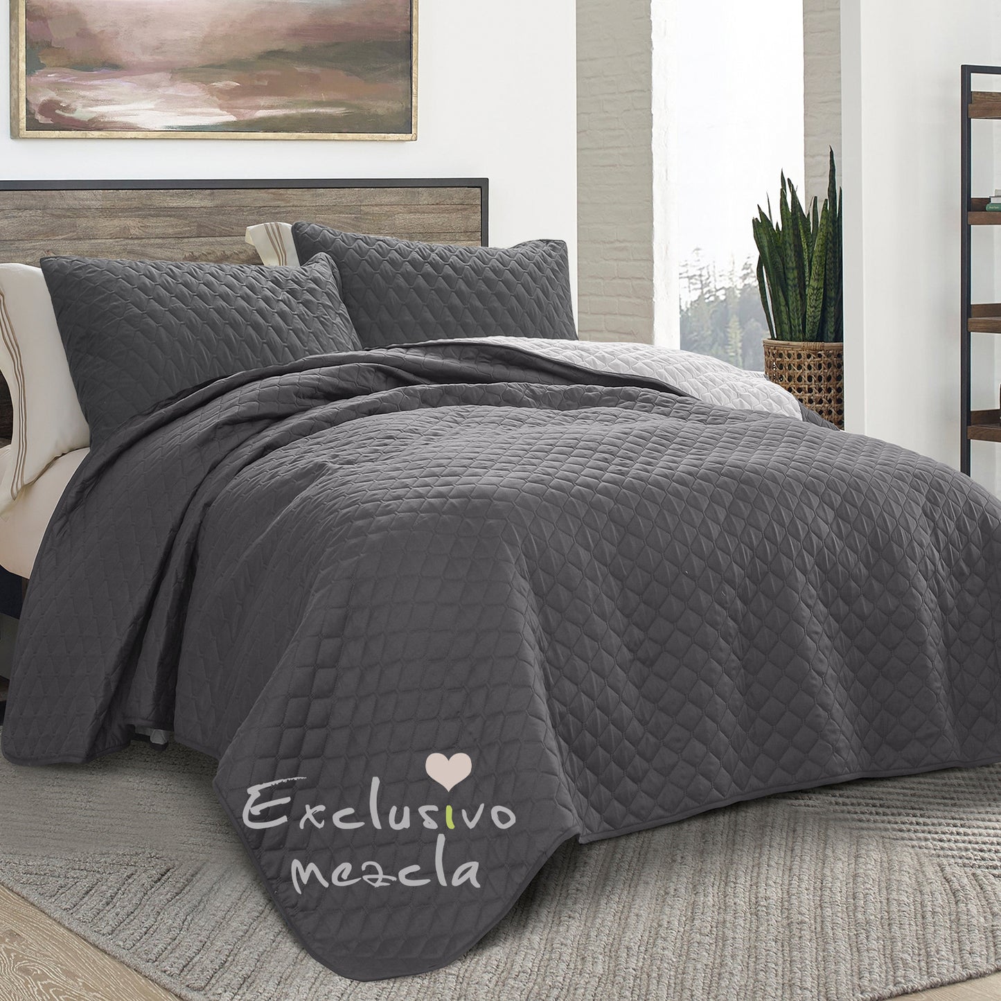 Exclusivo Mezcla Ultrasonic Reversible Twin Quilt Bedding Set with Pillow Sham, Lightweight Quilts Twin Size, Soft Bedspreads Bed Coverlets for All Seasons - (Grey, 68"x88")