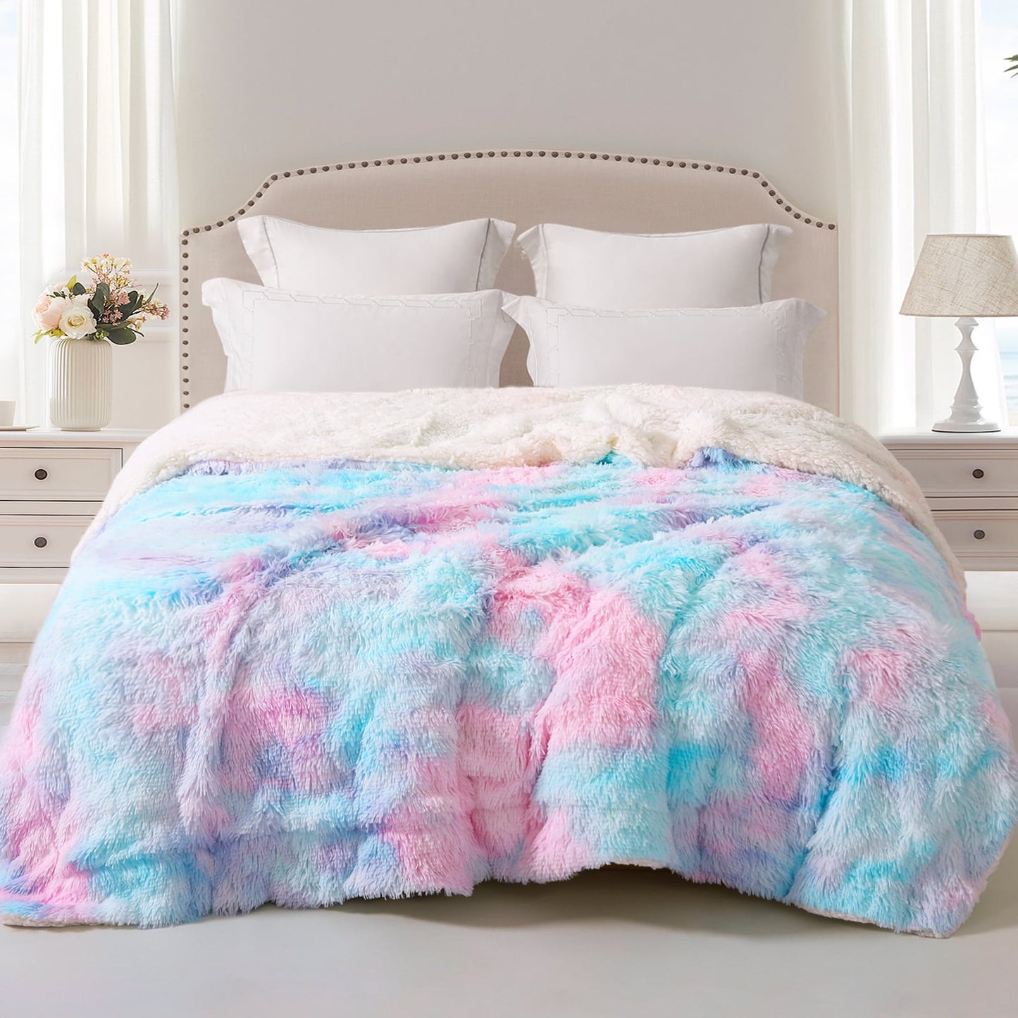Exclusivo Mezcla King Size Faux Fur Bed Blanket, Super Soft Fuzzy and Plush Reversible Sherpa Fleece Blanket and Warm Blankets for Bed, Sofa, Travel, 90X104 inches, Aqua Rainbow