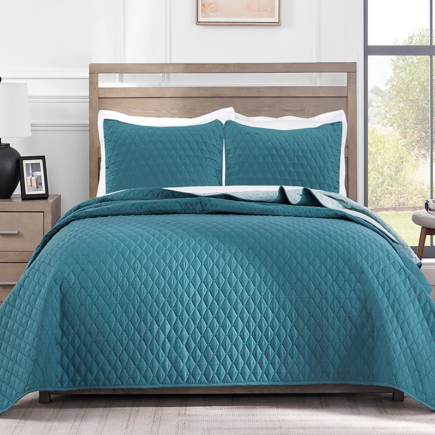 Exclusivo Mezcla Ultrasonic Reversible Twin Quilt Bedding Set with Pillow Sham, Lightweight Quilts Twin Size, Soft Bedspreads Bed Coverlets for All Seasons - (Dusty Teal, 68"x88")