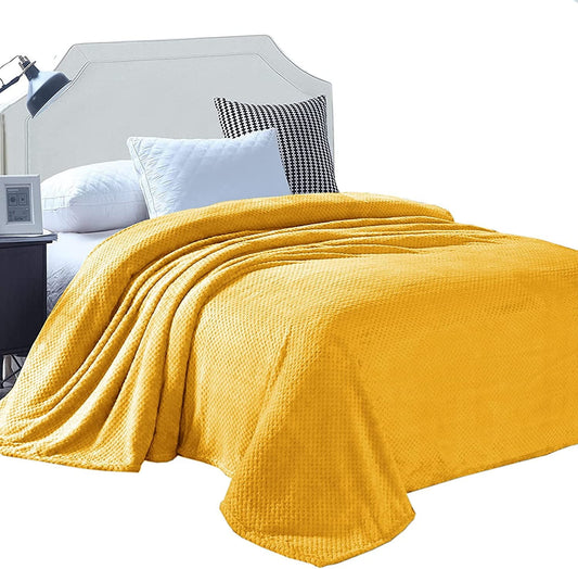 Exclusivo Mezcla Waffle Textured Soft Fleece Blanket, Twin Size Bed Blanket, Cozy Warm and Lightweight (Mustard Yellow, 90x66 inches)