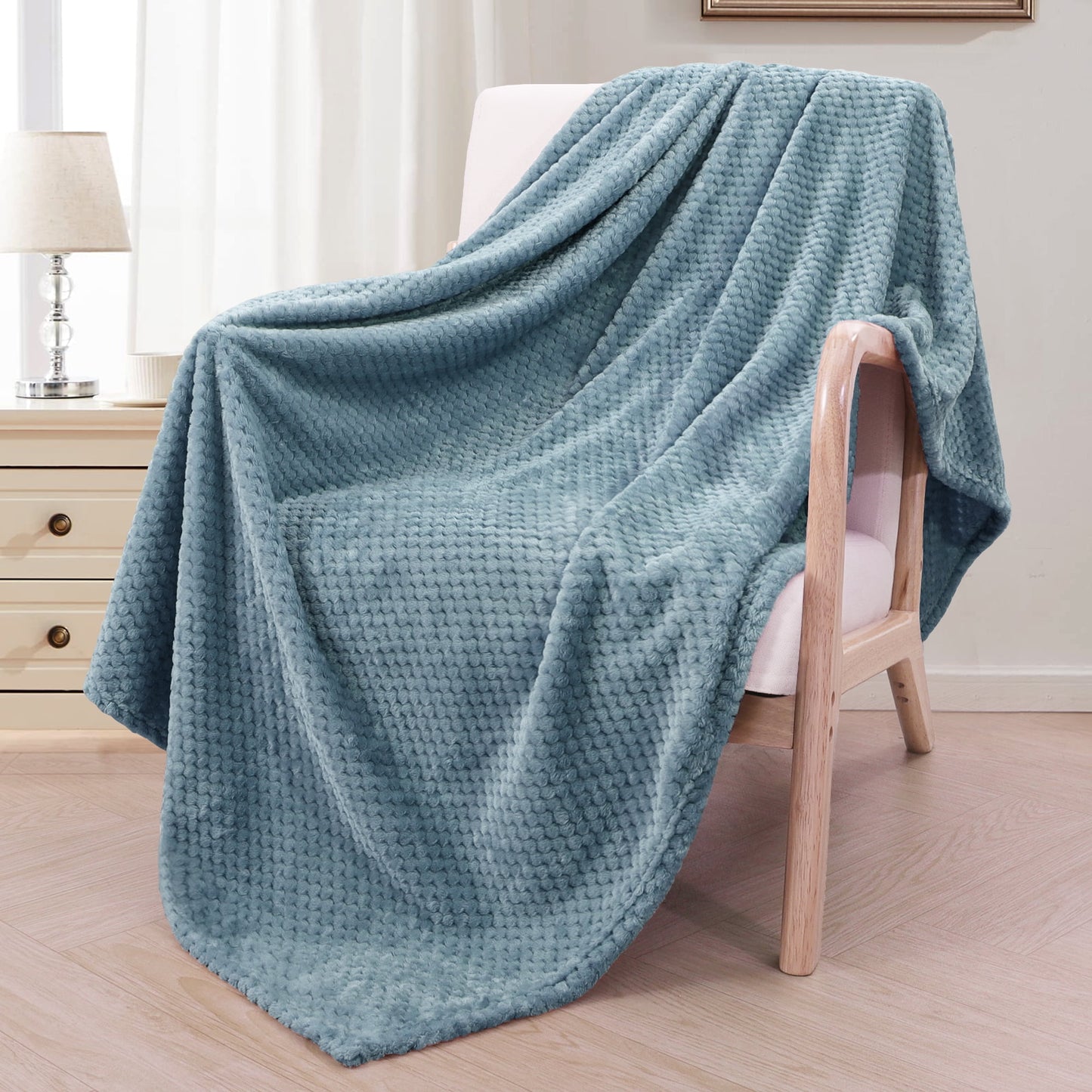 Exclusivo Mezcla Waffle Textured Slate Blue Fleece Blanket, Super Soft and Warm 50x70 inches Throw Blanket for Couch, Cozy, Fuzzy and Lightweight