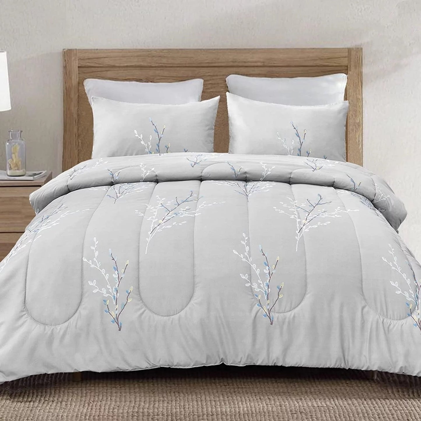 Exclusivo Mezcla 3-Piece Floral Queen Comforter Set, Microfiber Bedding Down Alternative Comforter for All Seasons with 2 Pillow Shams, Grey