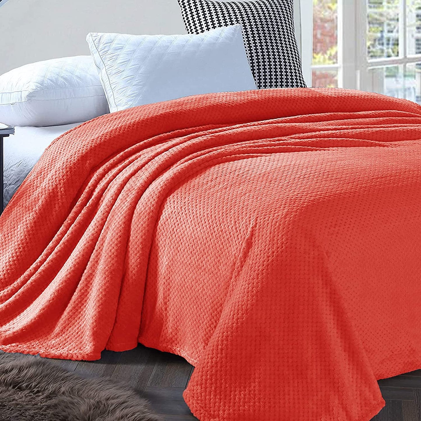 Exclusivo Mezcla Waffle Textured Soft Fleece Blanket, Twin Size Bed Blanket, Cozy Warm and Lightweight (Coral Orange, 90x66 inches)