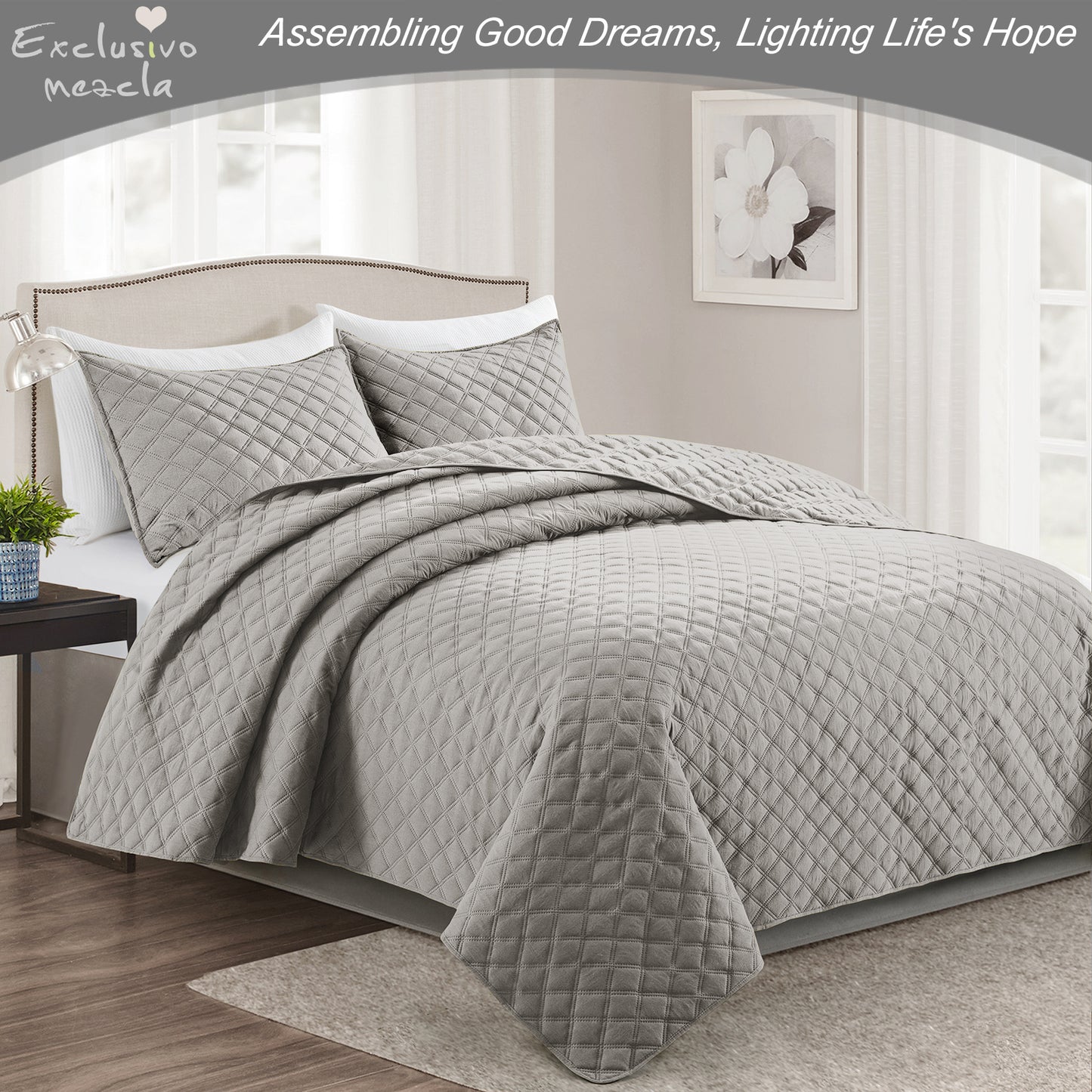 Exclusivo Mezcla 3-Piece Light Gray Queen Size Quilt Set, Box Pattern Ultrasonic Lightweight and Soft Quilts/Bedspreads/Coverlets/Bedding Set (1 Quilt, 2 Pillow Shams) for All Seasons