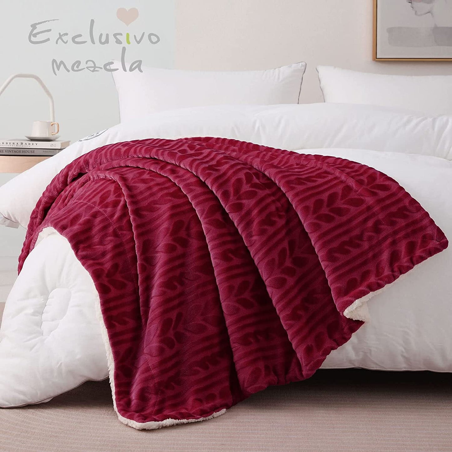 Exclusivo Mezcla 50"x70" Sherpa Fleece Throw Blanket, Reversible Velvet Plush Blankets and Soft Throws for Couch, Sofa, Bed, Super Cozy Thick and Warm, Deep Red