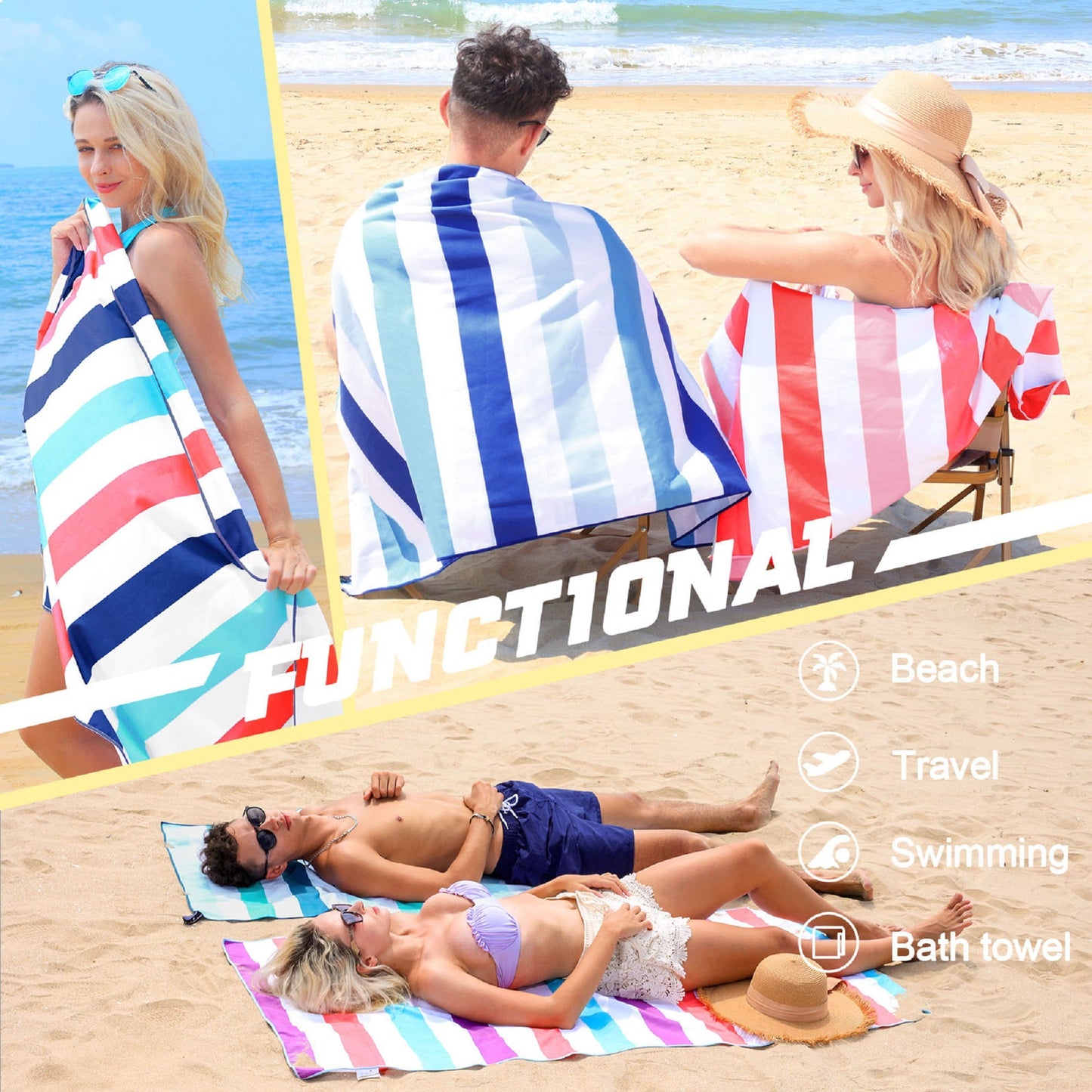 Exclusivo Mezcla Microfiber Quick Dry Beach Towel, Large Sand Free Beach Towel for Travel/Camping/Sports (Striped Multicolor, 30"X60") - Super Absorbent, Compact and Lightweight