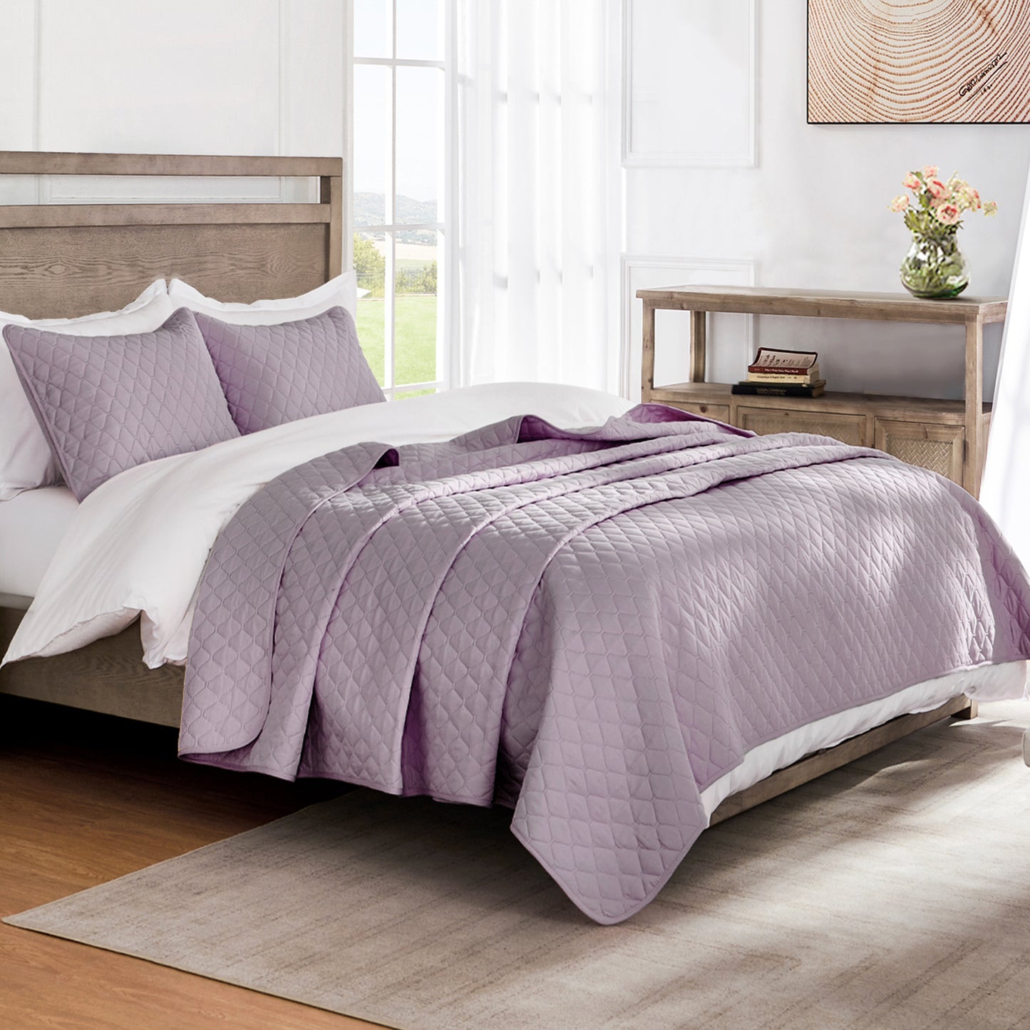 Exclusivo Mezcla Ultrasonic Reversible Full Queen Quilt Bedding Set with Pillow Shams, Lightweight Quilts Queen Size, Soft Bedspreads Bed Coverlets for All Seasons - (Lilac Ash, 90"x96")