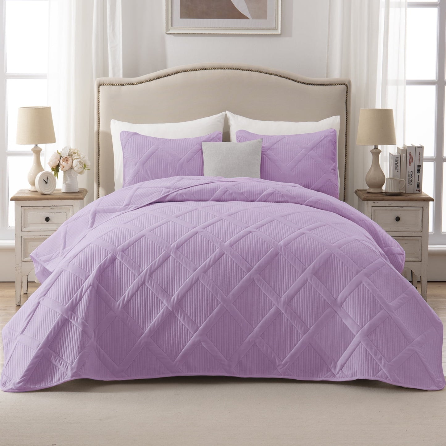 Exclusivo Mezcla Ultrasonic California King Quilt Set, Lightweight Bedspreads Modern Striped Coverlet with 2 Pillow Shams, Lilac