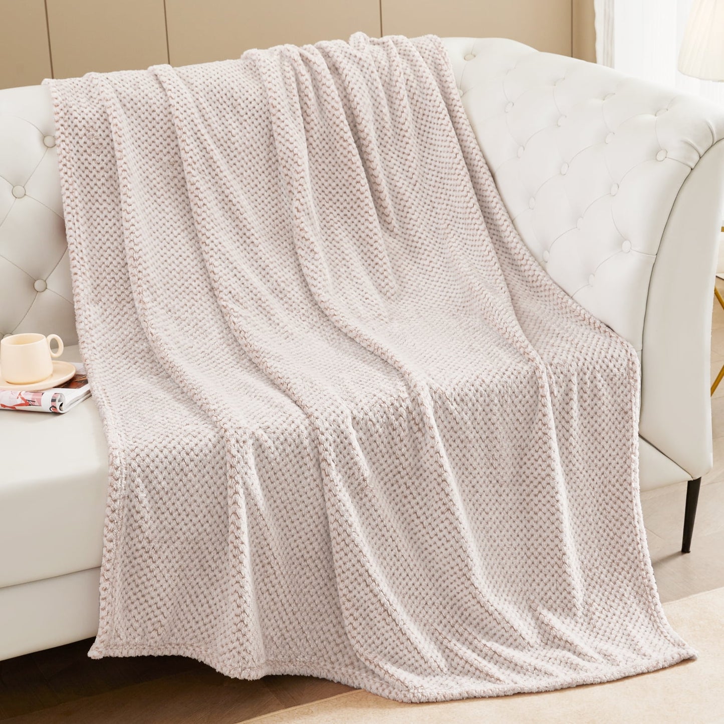 Exclusivo Mezcla Waffle Textured Mixed Camel Fleece Blanket, Super Soft and Warm 50x70 inches Throw Blanket for Couch, Cozy, Fuzzy and Lightweight