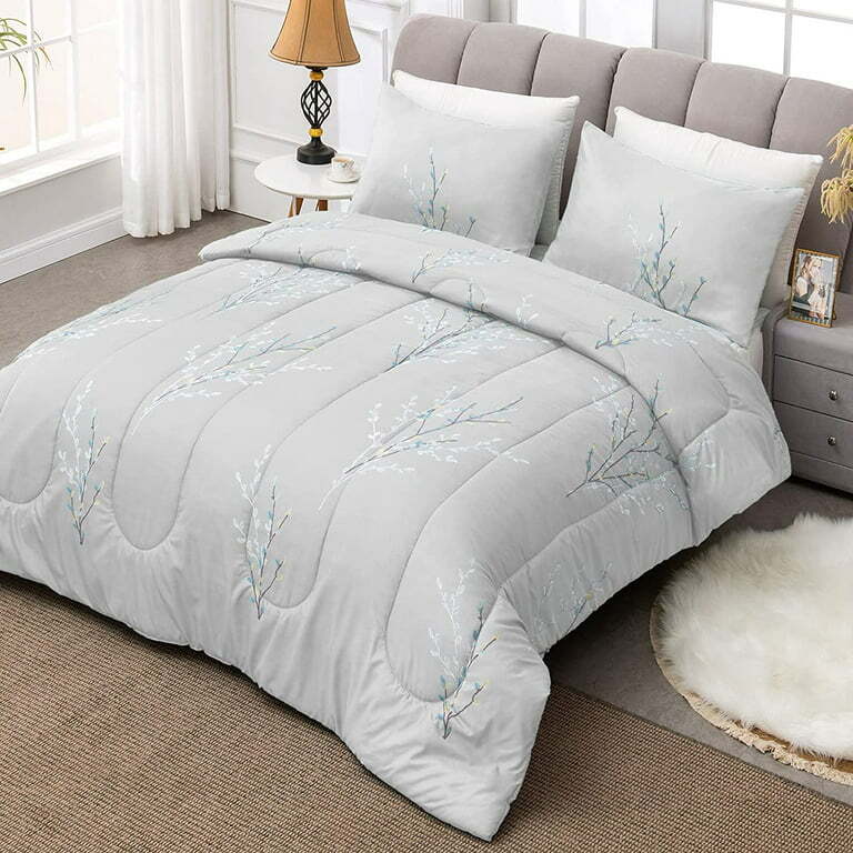 Exclusivo Mezcla 3-Piece Floral Queen Comforter Set, Microfiber Bedding Down Alternative Comforter for All Seasons with 2 Pillow Shams, Grey