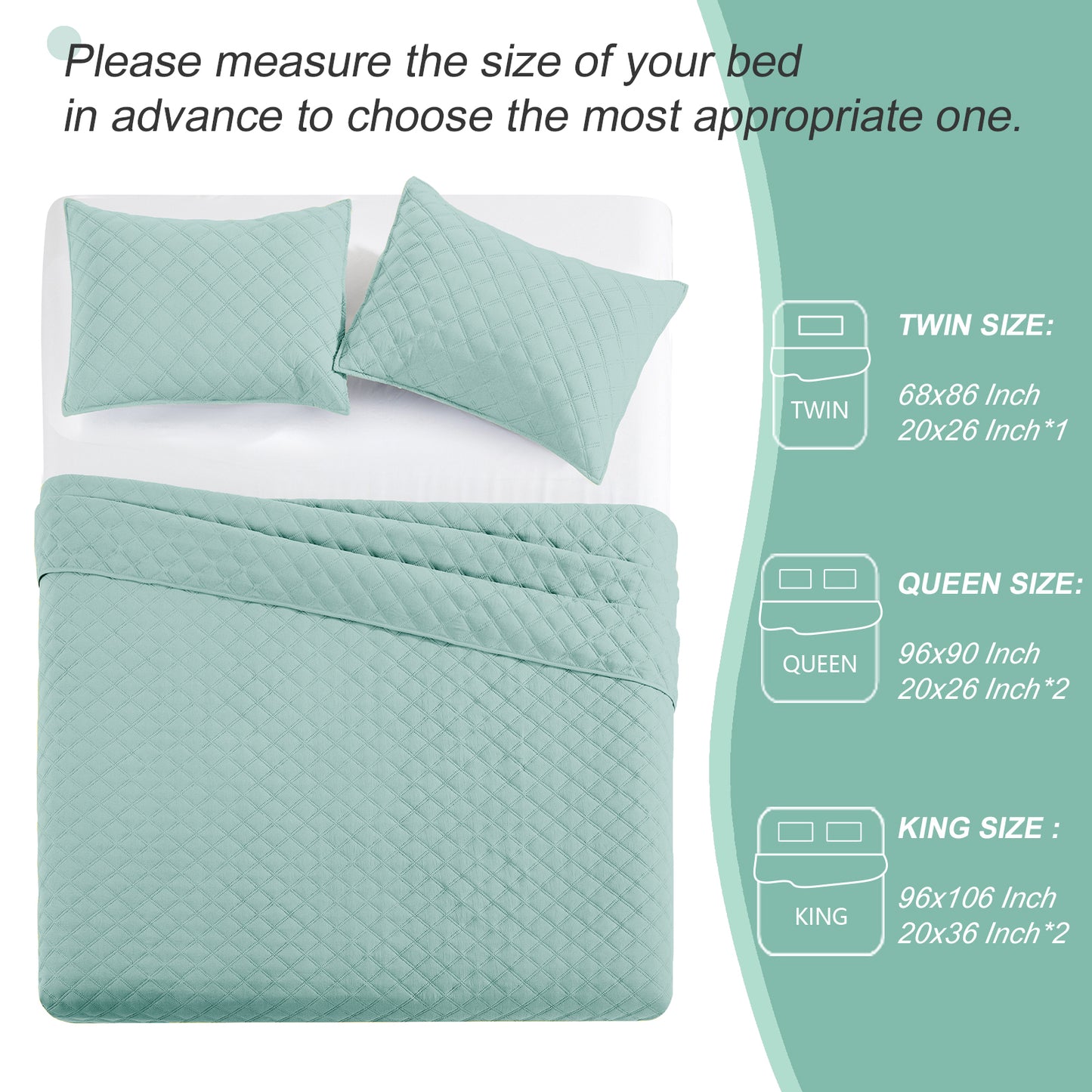 Exclusivo Mezcla 3-Piece Aqua King Size Quilt Set, Box Pattern Ultrasonic Lightweight and Soft Quilts/Bedspreads/Coverlets/Bedding Set (1 Quilt, 2 Pillow Shams) for All Seasons