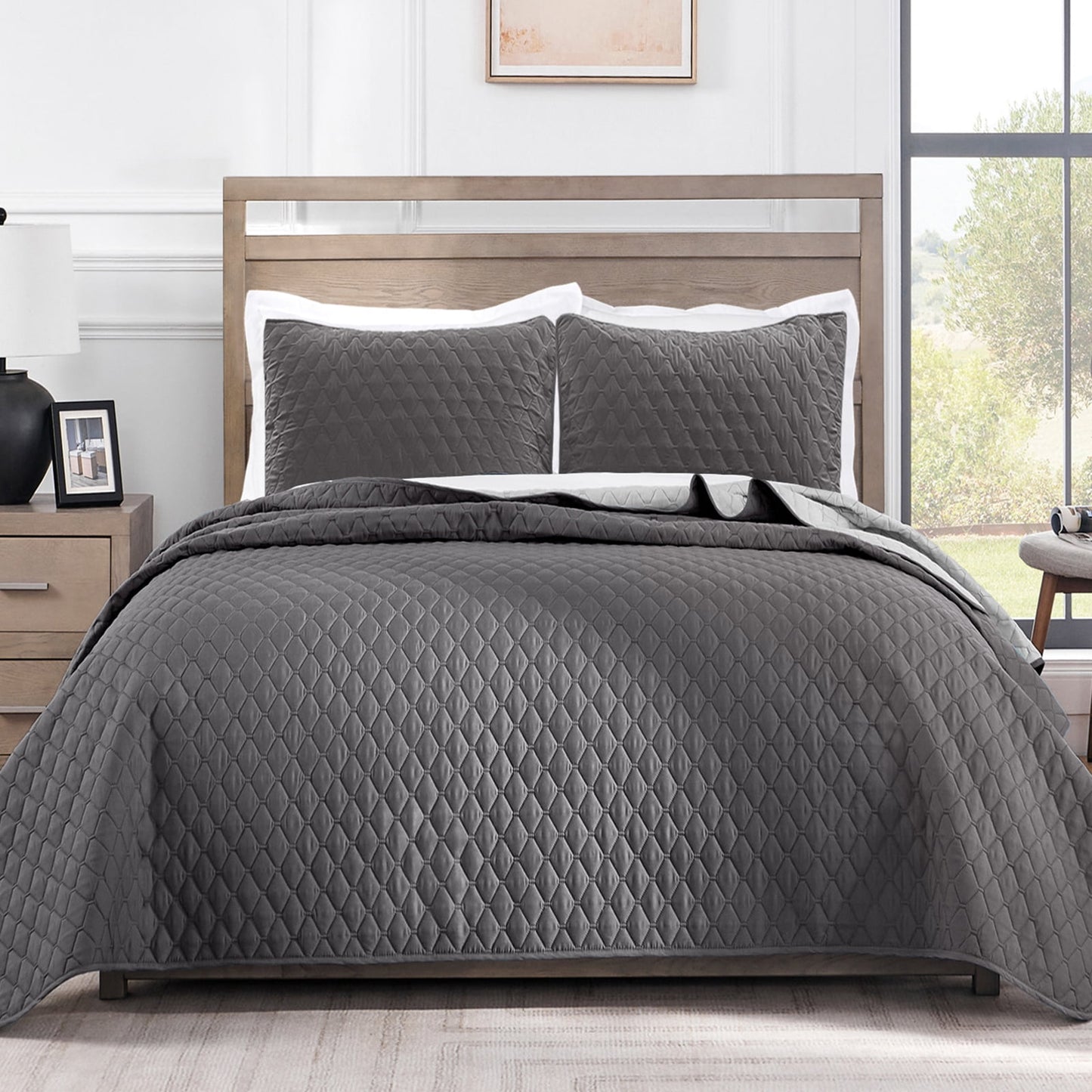 Exclusivo Mezcla Ultrasonic Reversible Twin Quilt Bedding Set with Pillow Sham, Lightweight Quilts Twin Size, Soft Bedspreads Bed Coverlets for All Seasons - (Grey, 68"x88")