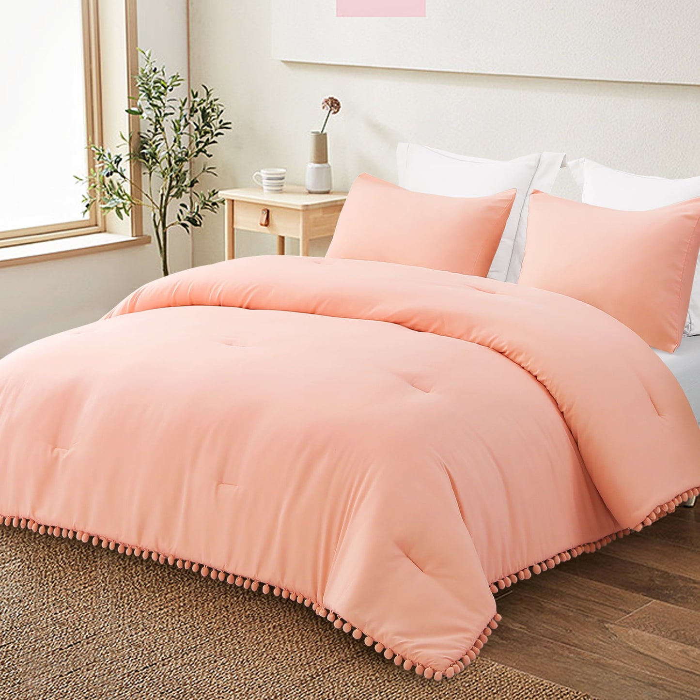 Exclusivo Mezcla Boho Pom Pom Ball Fringe Queen Comforter Set, 3 Piece Bright Pink Lightweight Down Alternative Bedding Comforter Sets for All Seasons (1 Comforter and 2 Pillowcases)