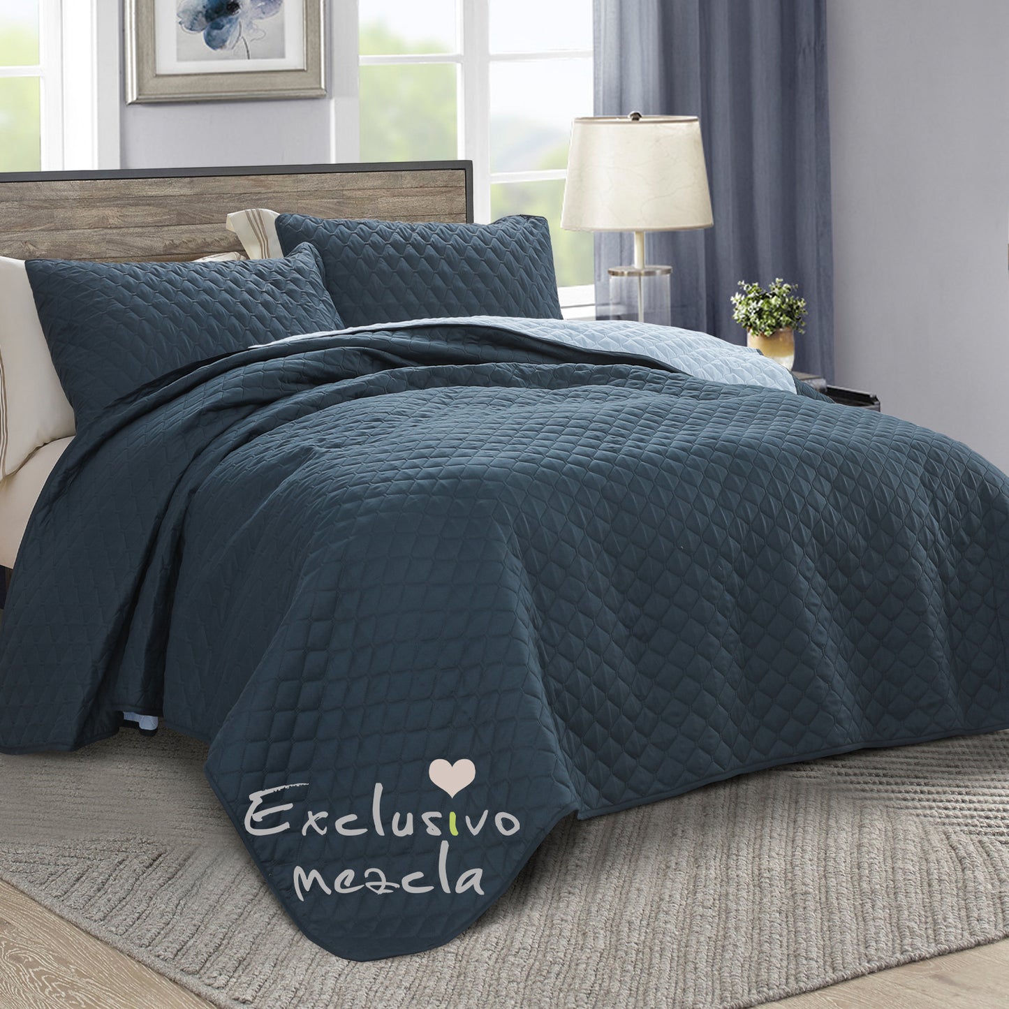 Exclusivo Mezcla Ultrasonic Reversible King Size Quilt Bedding Set with Pillow Shams, Lightweight Quilts King Size, Soft Bedspreads Bed Coverlets for All Seasons - (Navy Blue, 104"x96")