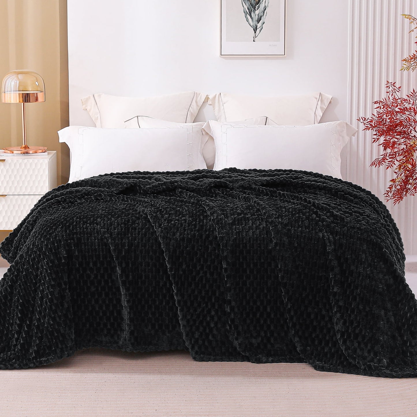 Exclusivo Mezcla Queen Size Flannel Fleece Blanket, 90x90 Inches Stylish Jacquard Velvet Plush Blanket for Bed, Cozy, Warm, Lightweight and Decorative Black Blanket