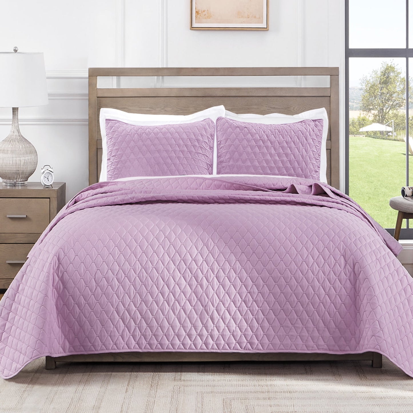 Exclusivo Mezcla Ultrasonic Reversible King Size Quilt Bedding Set with Pillow Shams, Lightweight Quilts King Size, Soft Bedspreads Bed Coverlets for All Seasons - (Lilac, 104"x92")