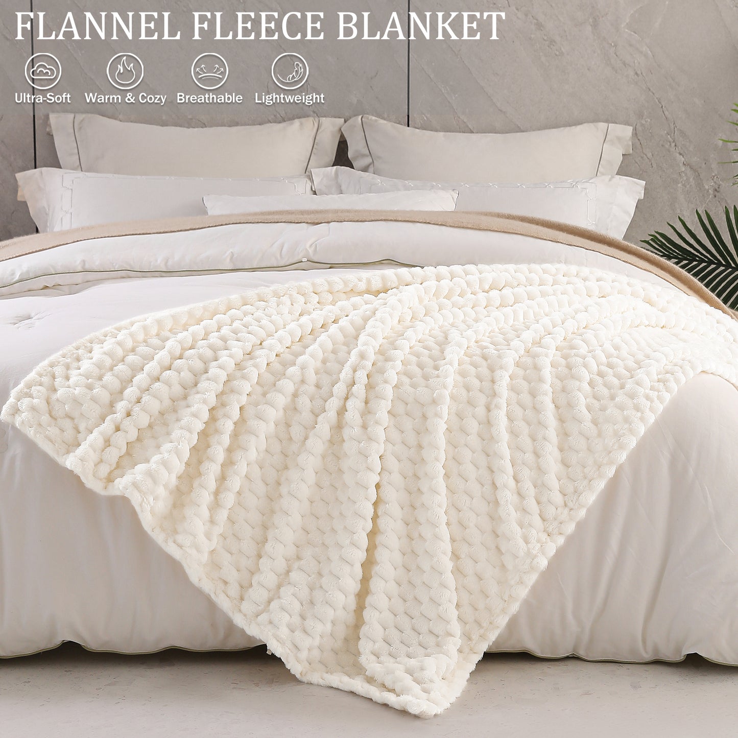 Exclusivo Mezcla King Size Flannel Fleece Blanket, 90x104 Inches Stylish Jacquard Velvet Plush Blanket for Bed, Cozy, Warm, Lightweight and Decorative Off White Blanket