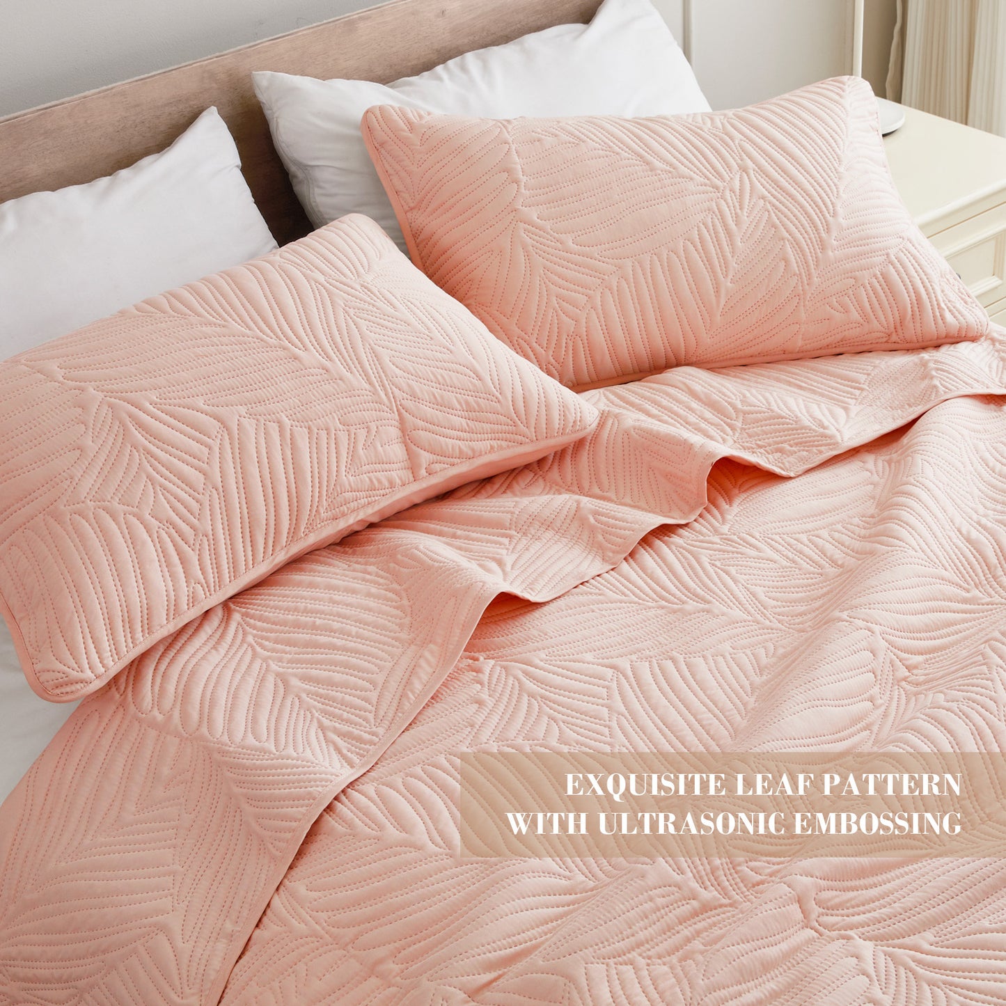 Exclusivo Mezcla Ultrasonic Twin Size Quilt Set Blush Pink, 2 Pieces Lightweight Bedspread Leaf Pattern Bed Cover Soft Microfiber Coverlet Bedding Set for All Seasons